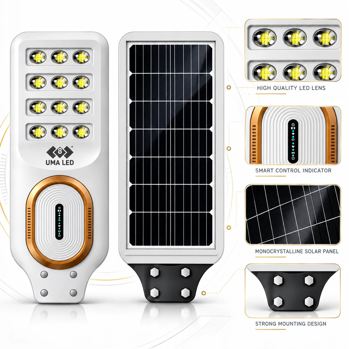 A solar-powered outdoor light shown from the front and side, with feature callout panels on the right highlighting high-quality LED lenses, a smart control indicator, a monocrystalline solar panel, and strong mounting design.