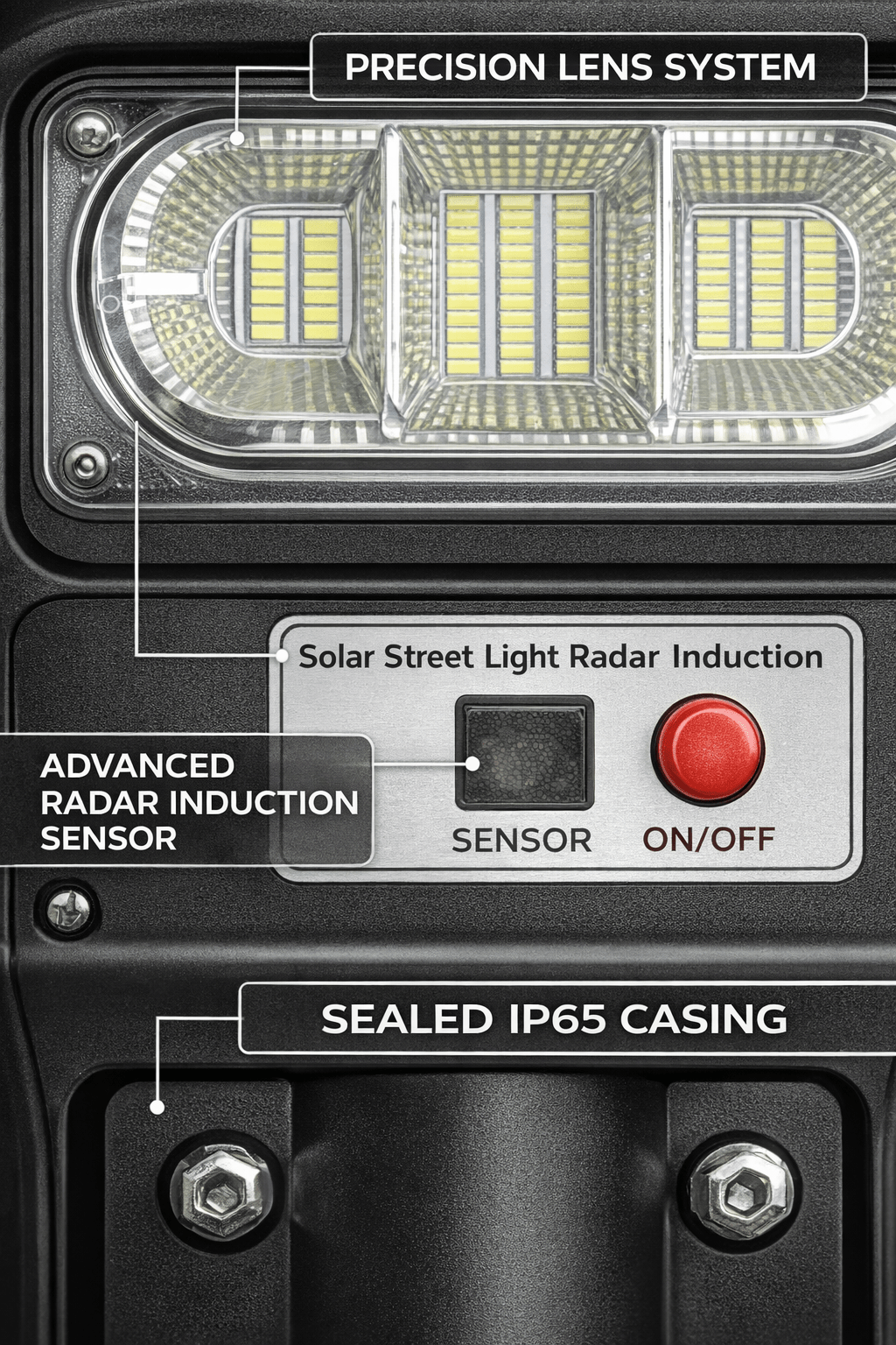 Close-up of a solar street light with labeled components on a black background