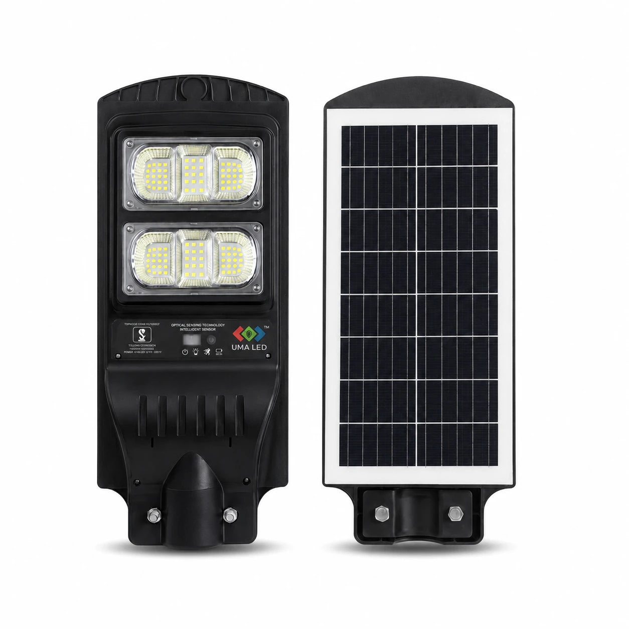 Solar street light with LED lights and solar panel on a white background