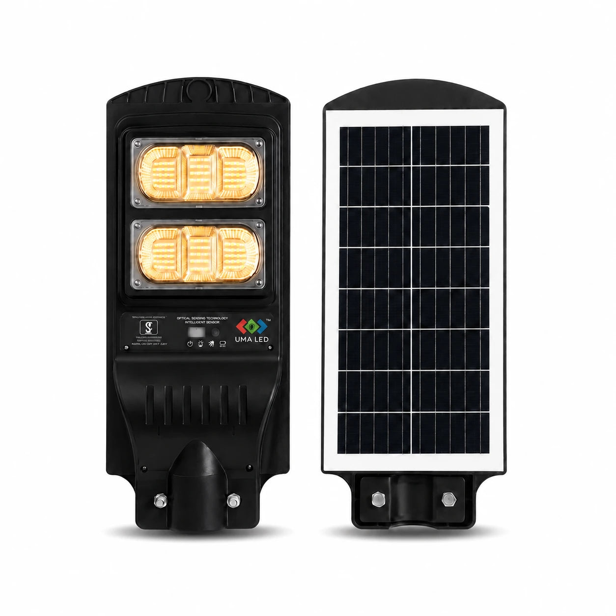 Two views of a solar-powered street light: one showing the black LED lamp housing with two illuminated amber light sections, and the other showing the rectangular black solar panel with a white border.