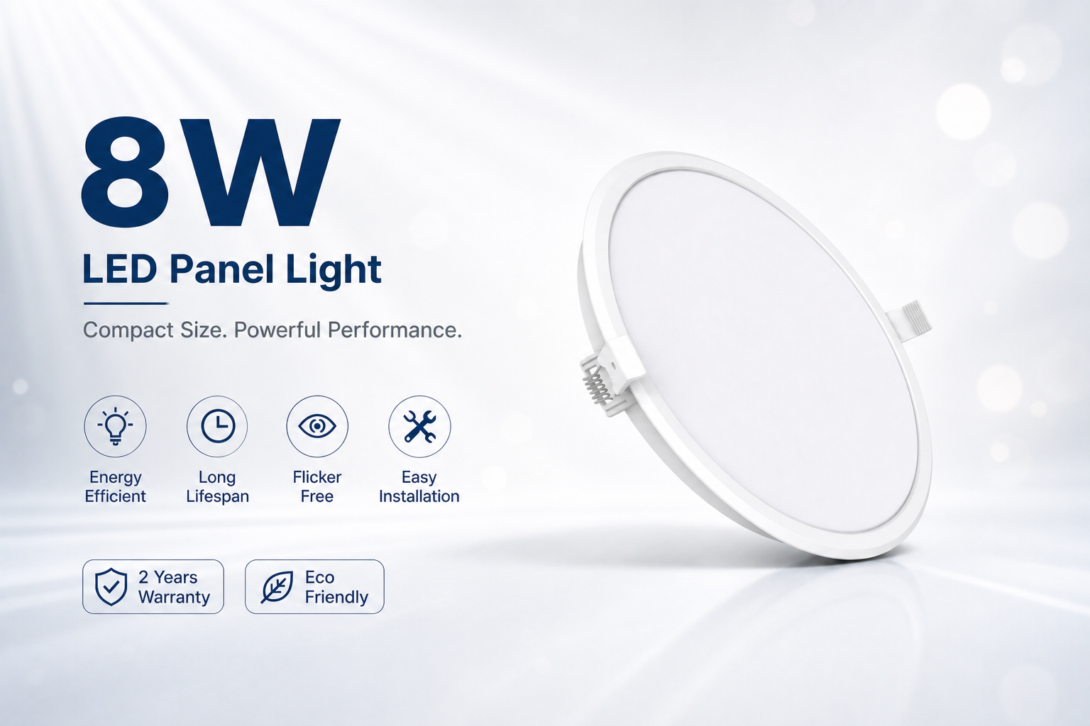 Ultra-slim 8W LED panel light in white, front view. Energy-efficient recessed ceiling light for homes and offices.