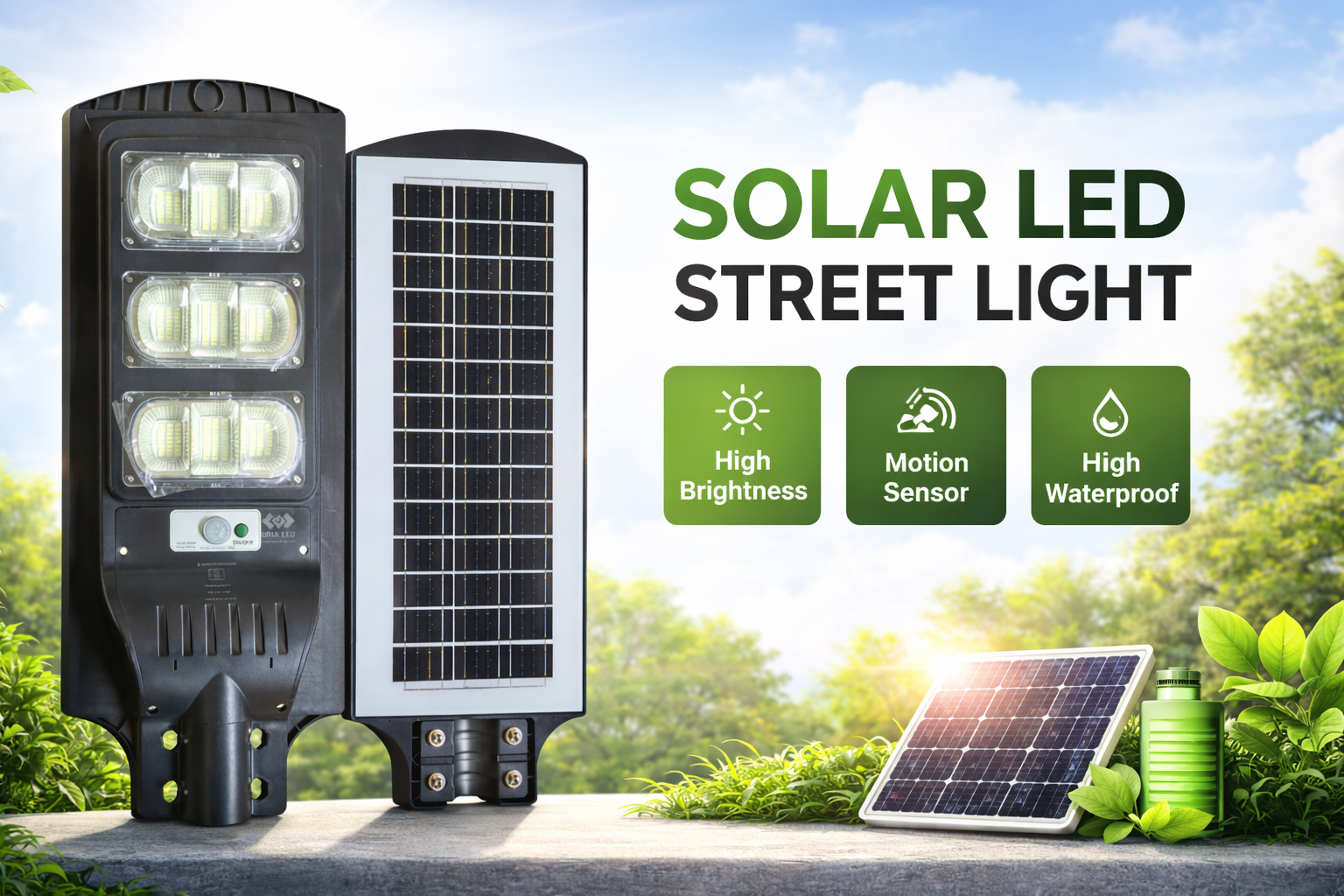Solar LED street light inbuilt solar panel and battery.