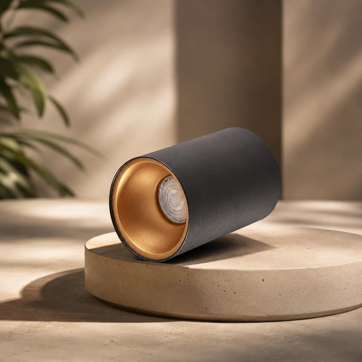 Cylindrical object with gold interior and black exterior on a beige platform with a plant in the background