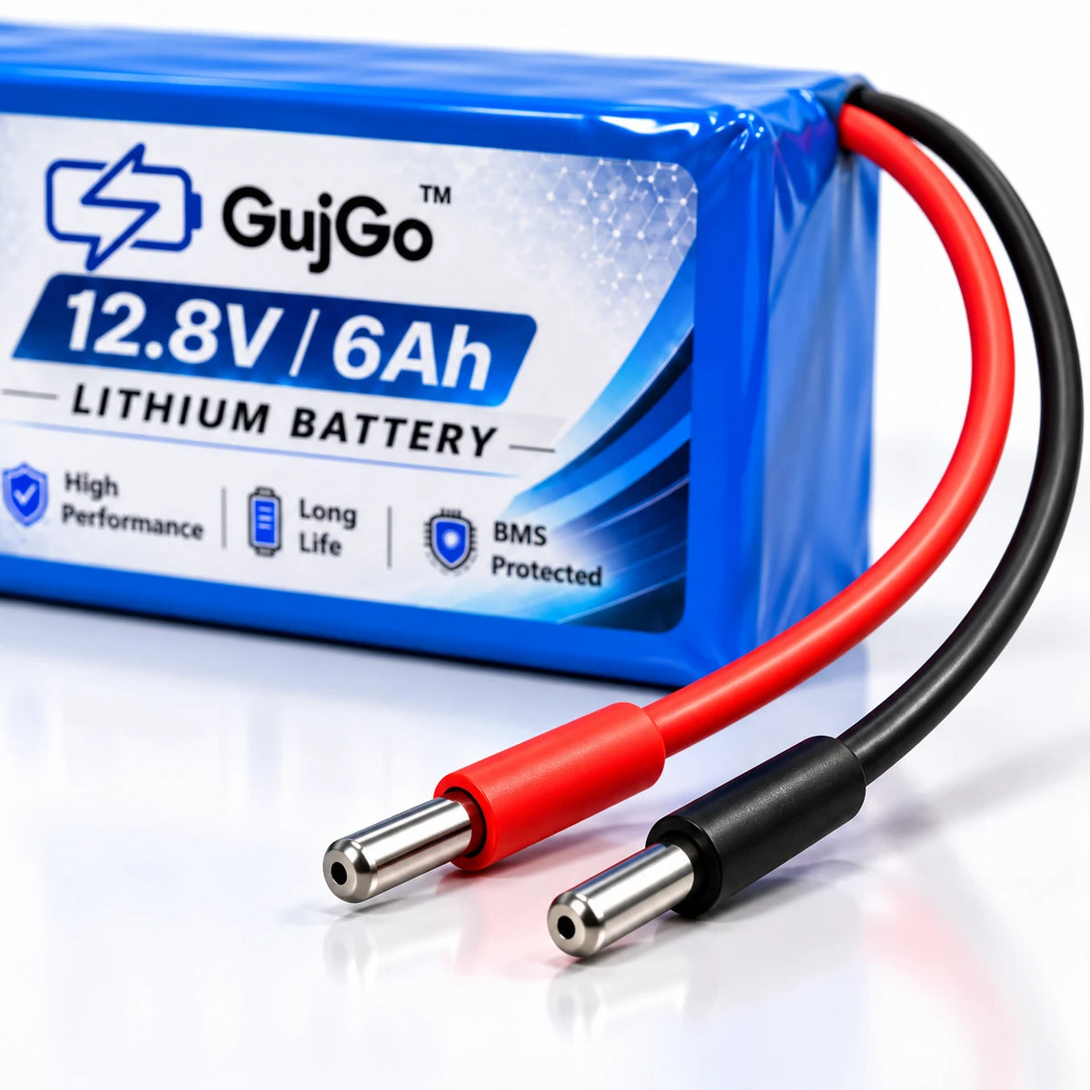 A close-up of a blue GujGo 12.8V / 6Ah lithium battery with attached red and black cable leads and metal connector ends, shown on a clean white background.