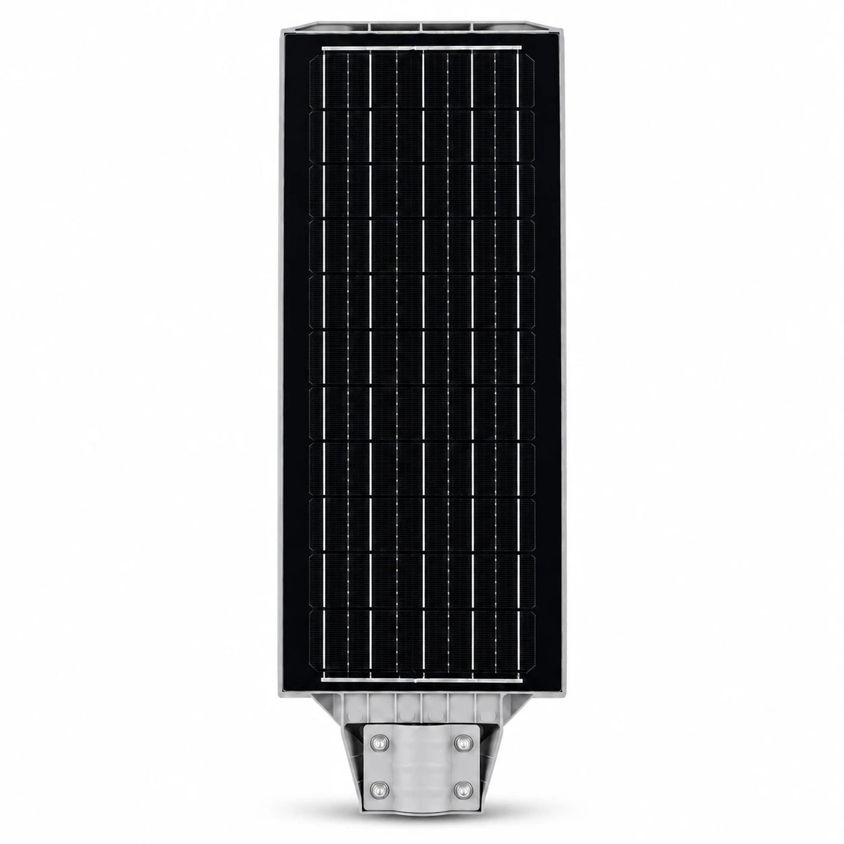 A single tall rectangular solar panel with a black front and silver metal mounting base, centered on a plain white background.