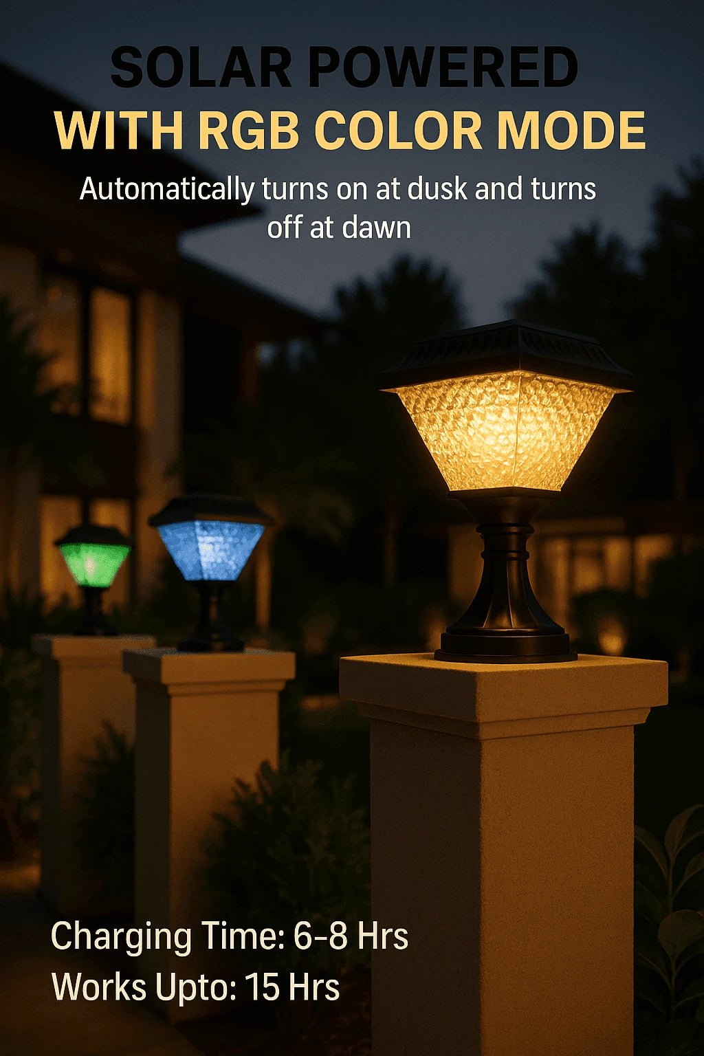 Solar-powered outdoor landscape lights with RGB color-changing capability, shown illuminated on stone pillars at dusk with promotional text overlays.