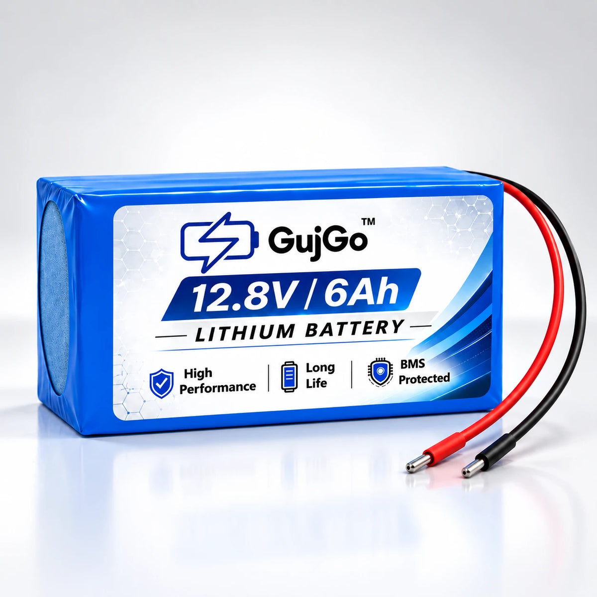 A blue and white GujGo 12.8V 6Ah lithium battery with red and black cable leads, displayed on a clean white background with a soft reflection.
