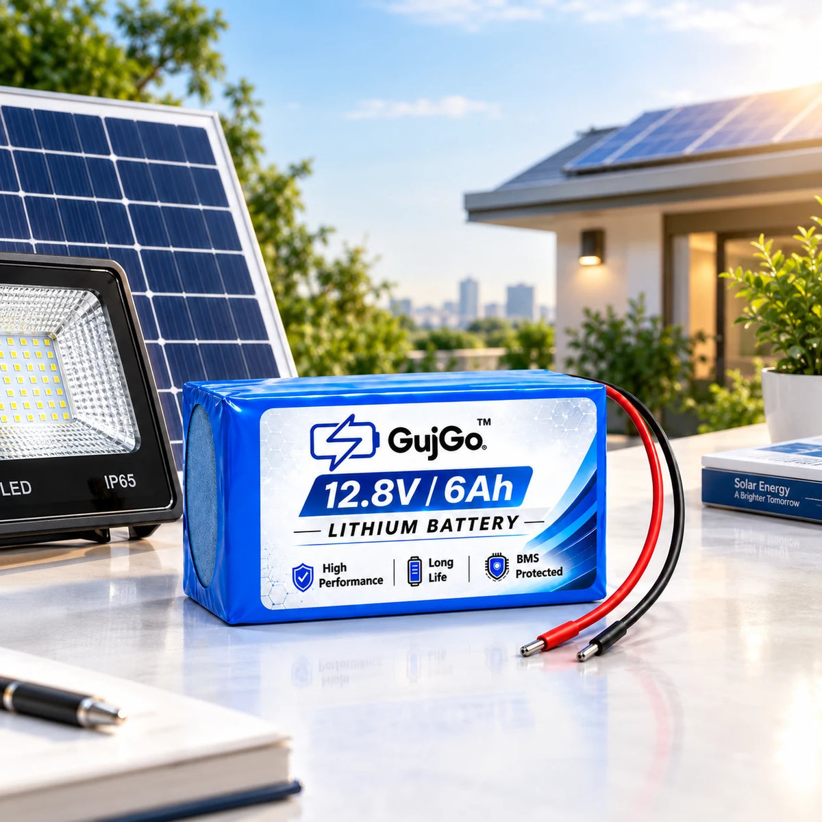 A blue and white GujGo 12.8V 6Ah lithium battery pack sits on a reflective white table, surrounded by solar panels, a light fixture, and a house in the background under a blue sky.