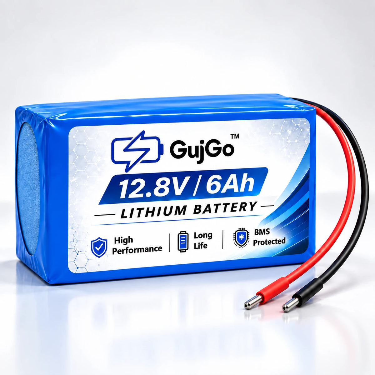 A blue GujGo 12.8V 6Ah lithium battery with red and black cable leads, shown on a clean white background with a soft reflection.