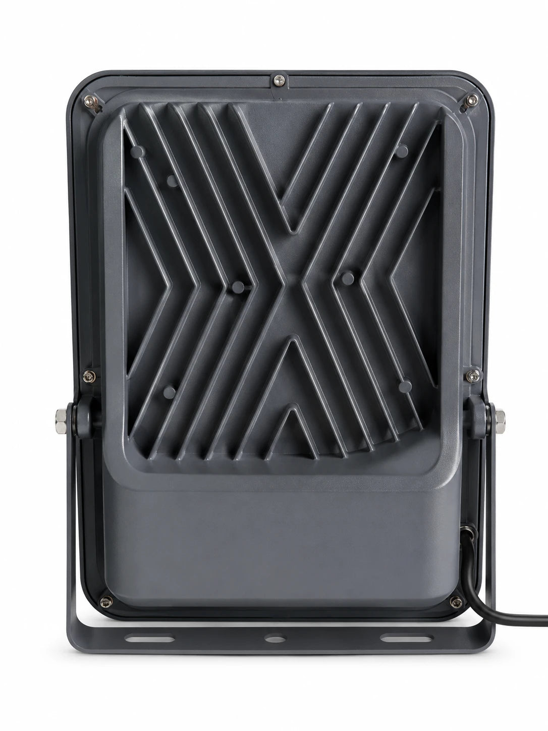 A dark gray outdoor LED floodlight shown from the back, featuring a ribbed diffuser with a geometric X-pattern and a mounting bracket, on a white background.
