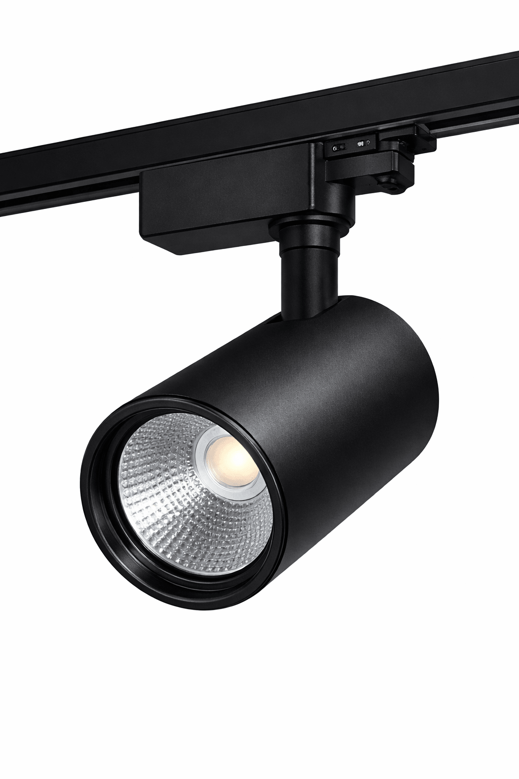 Black track light fixture on a white background