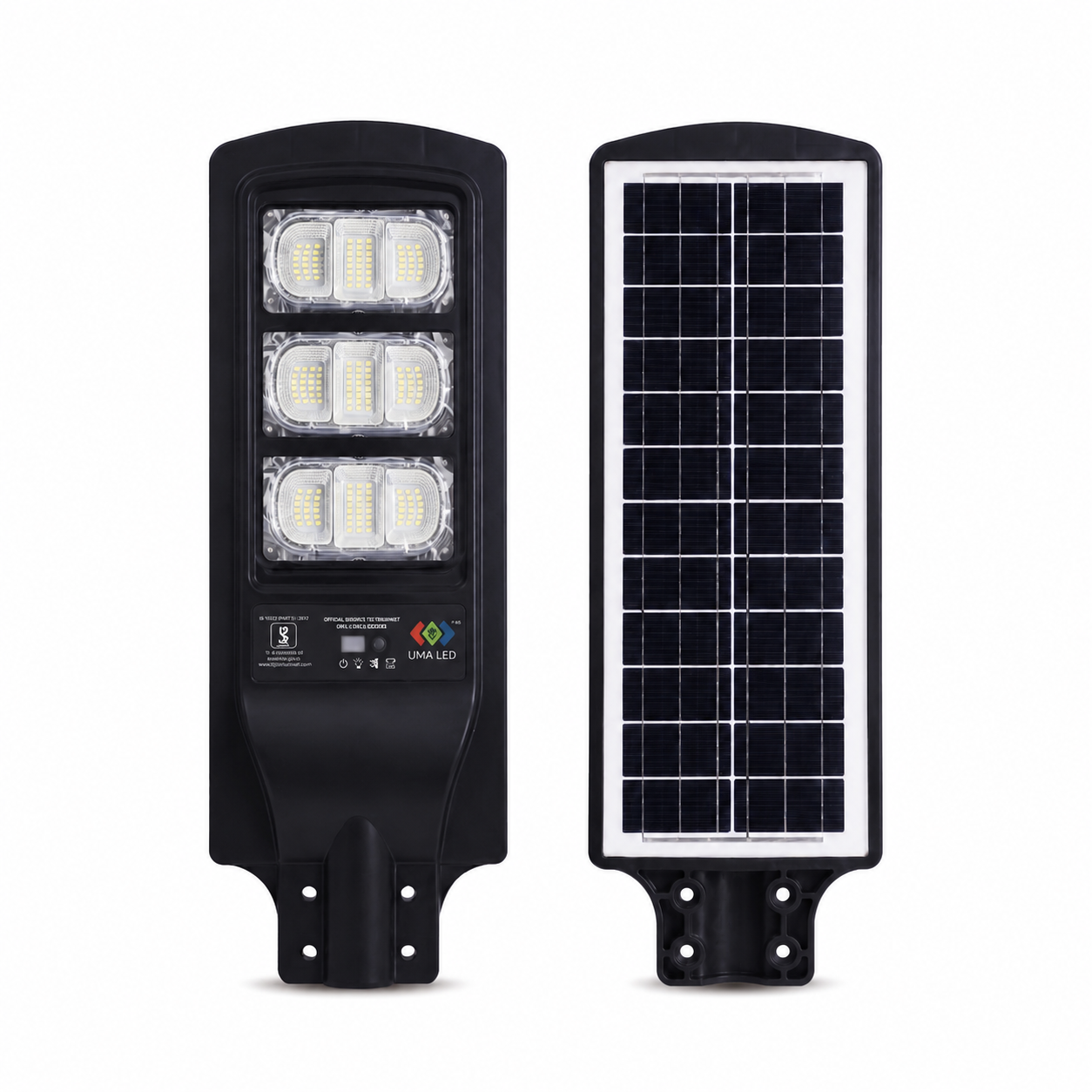 Solar street light with LED lights and solar panel on a white background