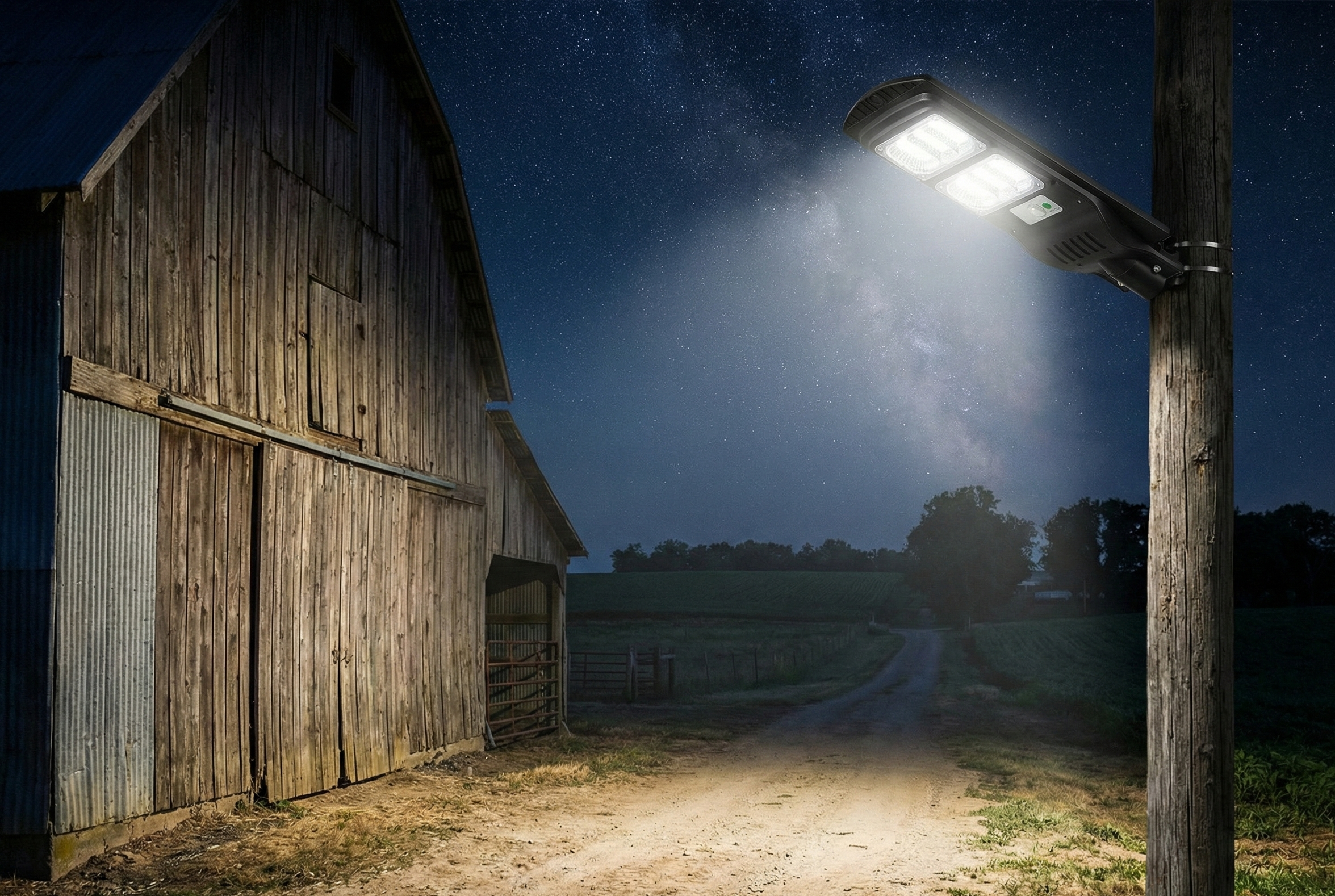 Street light illuminating a path next to a wooden barn at night.