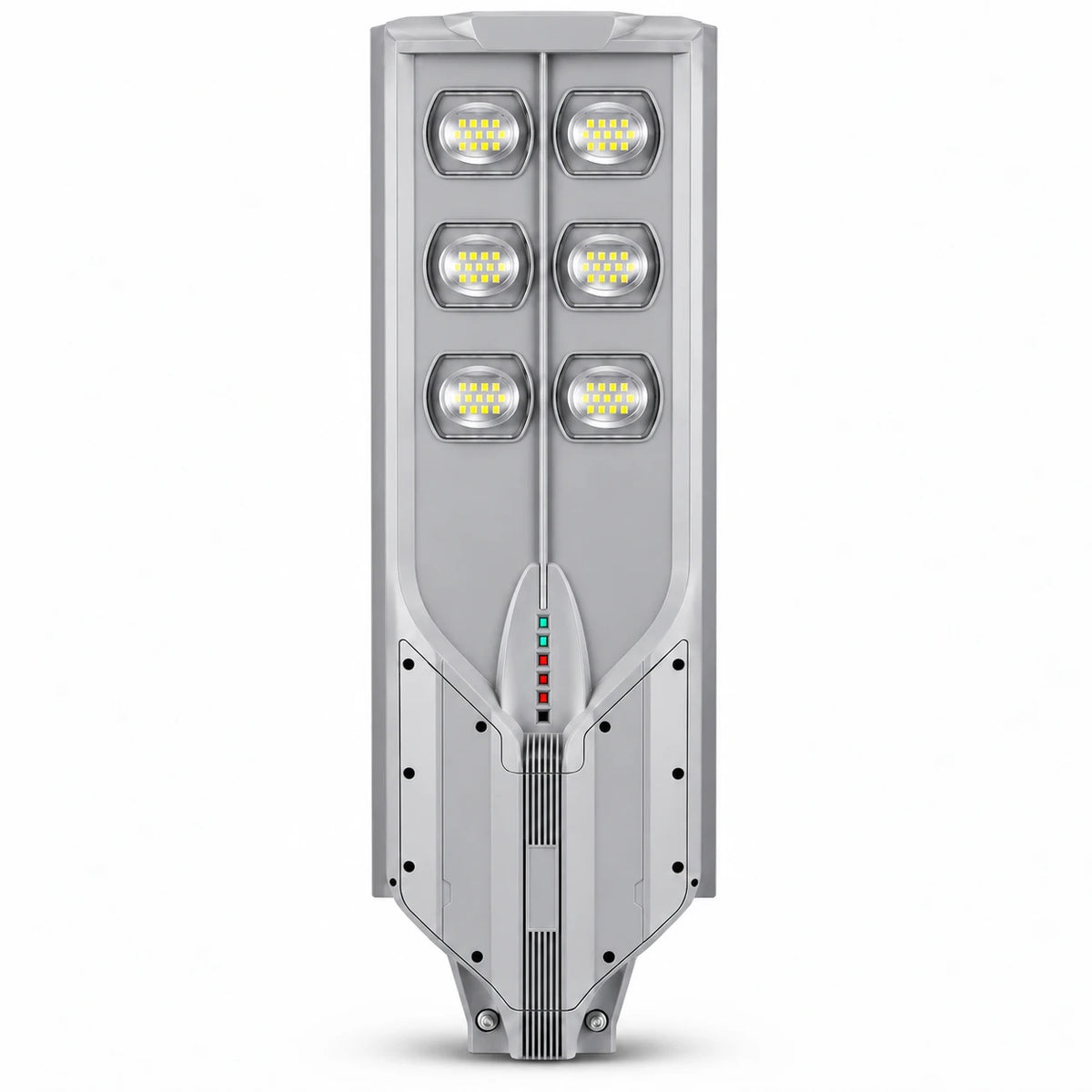 A tall, modern silver LED street light fixture with six illuminated light heads arranged vertically, shown on a clean white background.