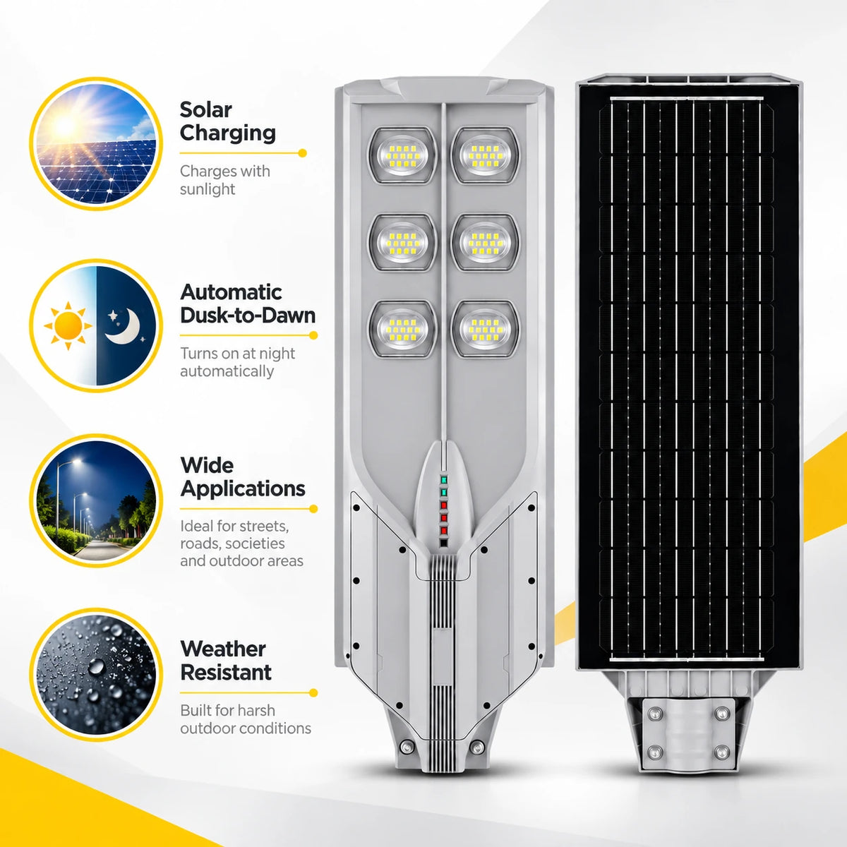 A solar-powered LED street light shown from the front and side, with feature callouts on the left including solar charging, automatic dusk-to-dawn operation, wide applications, and weather resistance.