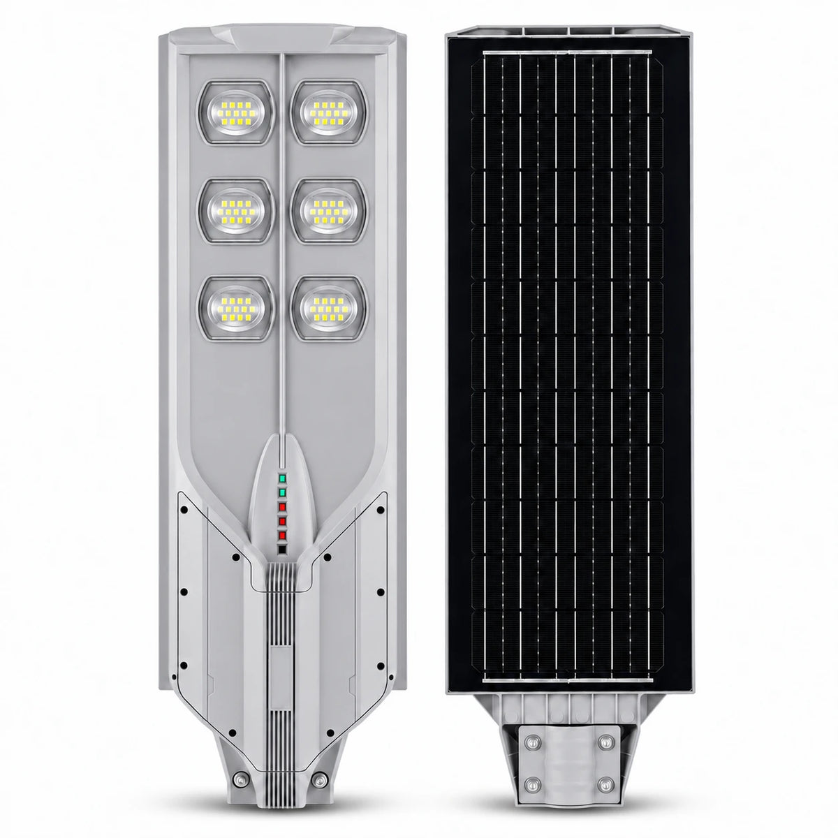 A solar-powered LED street light shown from two angles: the back view on the left with six illuminated LED chips and a black status LED strip, and the front view on the right with a black solar panel array, set against a plain white background.
