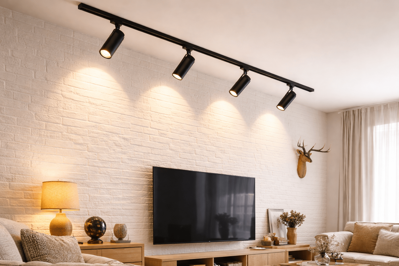 Modern living room with a television, decorative items, and track lights on the ceiling.