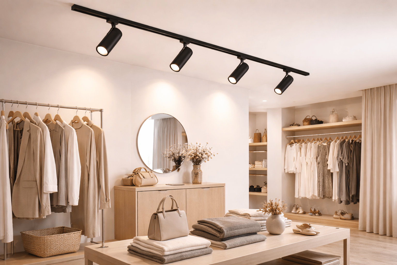 Modern clothing store interior with racks of clothes, a mirror, and a table with folded garments.