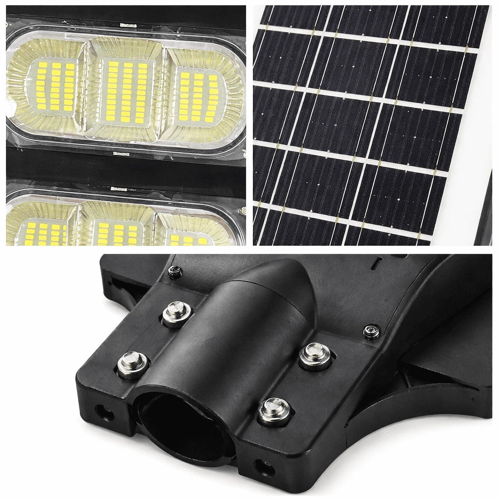 Solar street light components shown in a collage: two LED light modules with visible yellow LEDs, a close-up of a black solar panel, and a black mounting bracket with silver screws on a white background.
