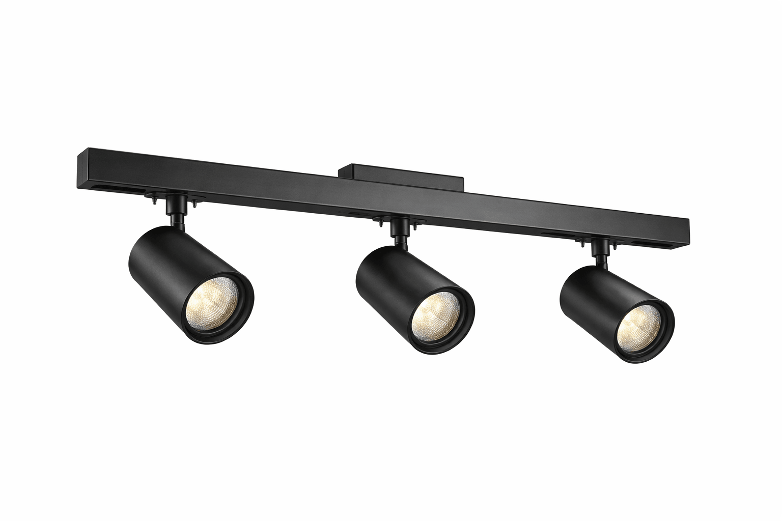 Black track light fixture with three spotlights on a white background