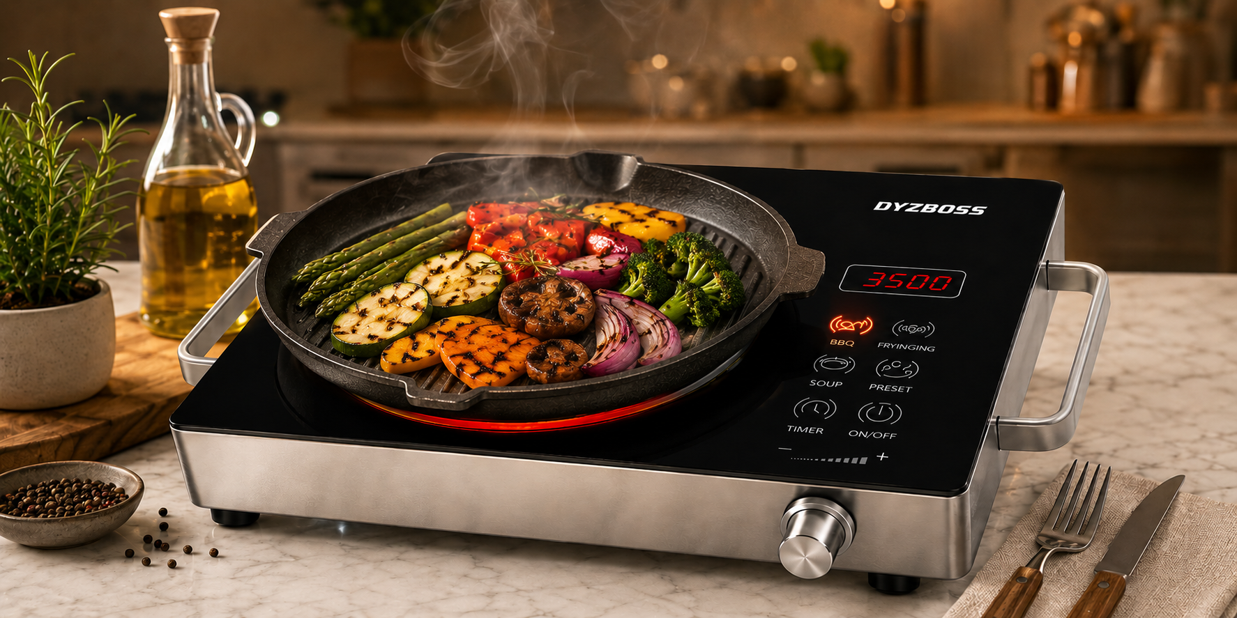 A DYZBOSS induction cooktop with a black glass-ceramic surface and silver metal base, shown in a kitchen setting with a cast-iron skillet containing cooked vegetables. The cooktop features a digital display showing 3500 and touch control icons on the right side, with a control knob on the front.