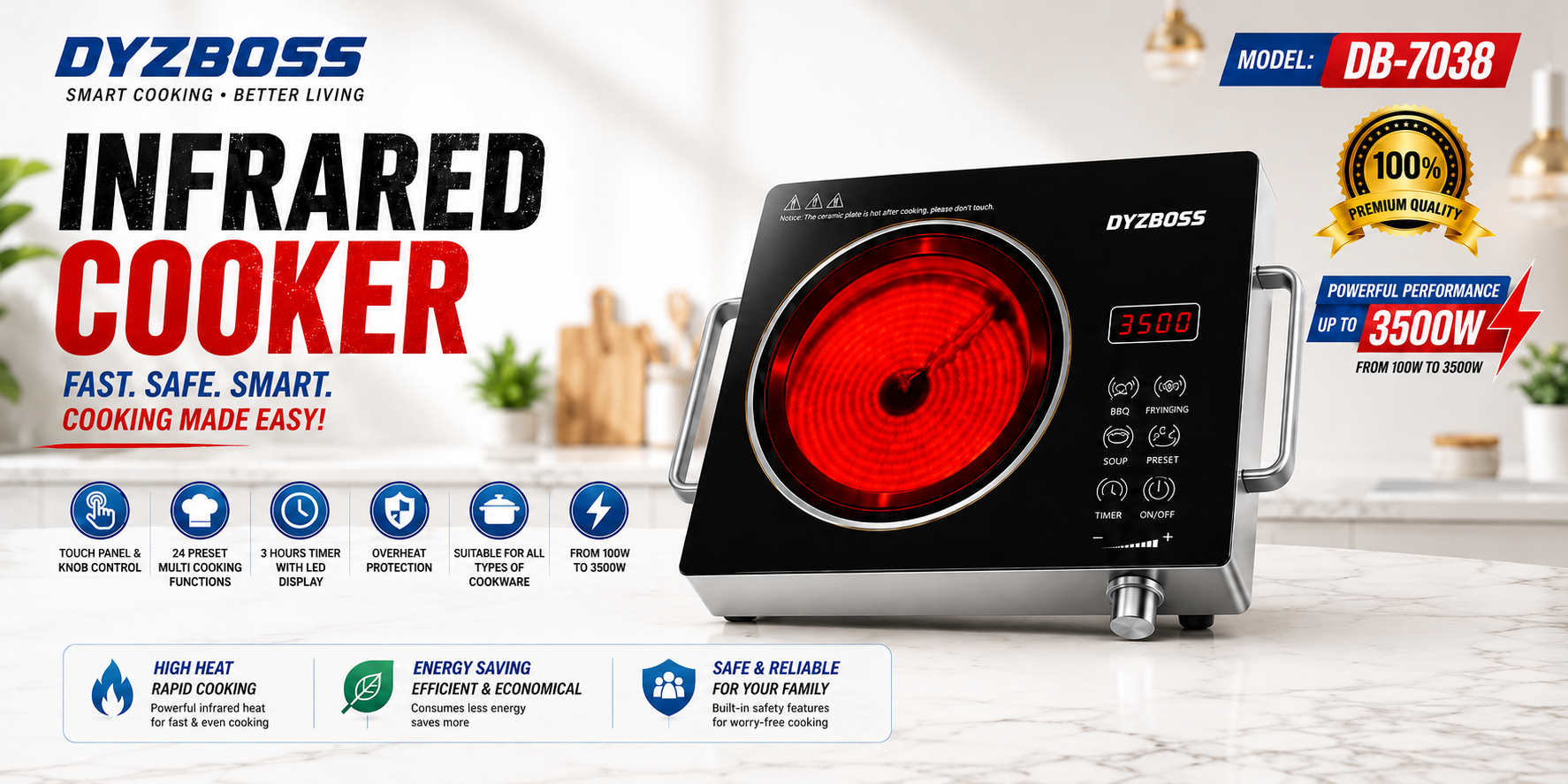 DYZBOSS infrared cooktop shown on a bright kitchen countertop with promotional text and feature icons around it. The cooktop is black with a glowing red heating element and a small digital display.