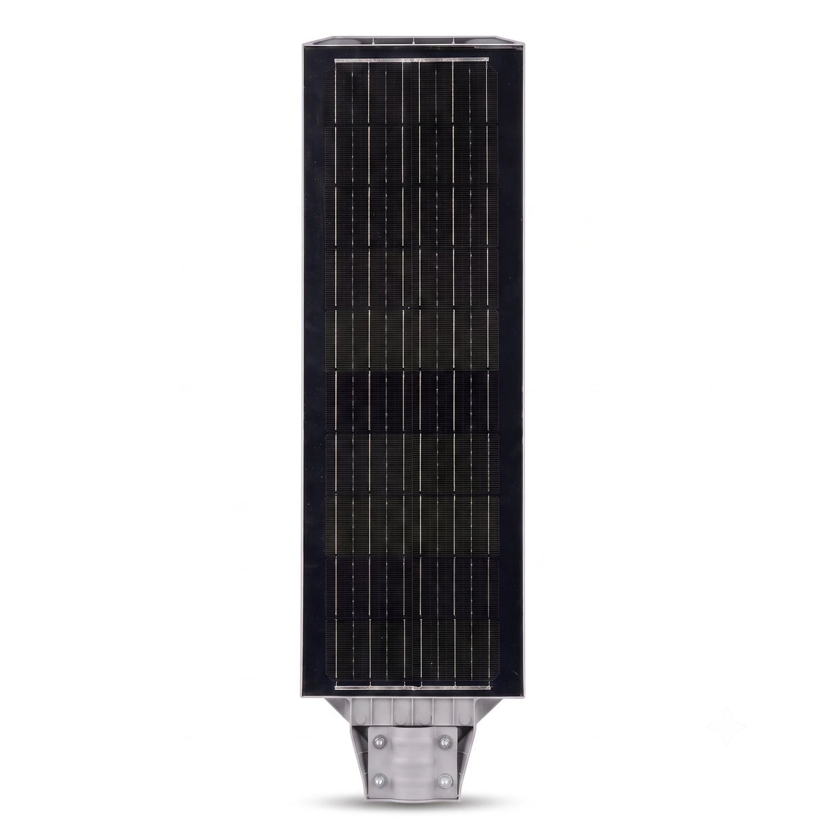 A tall, narrow solar panel module with a dark reflective surface and a silver metal mounting base, shown against a plain white background.