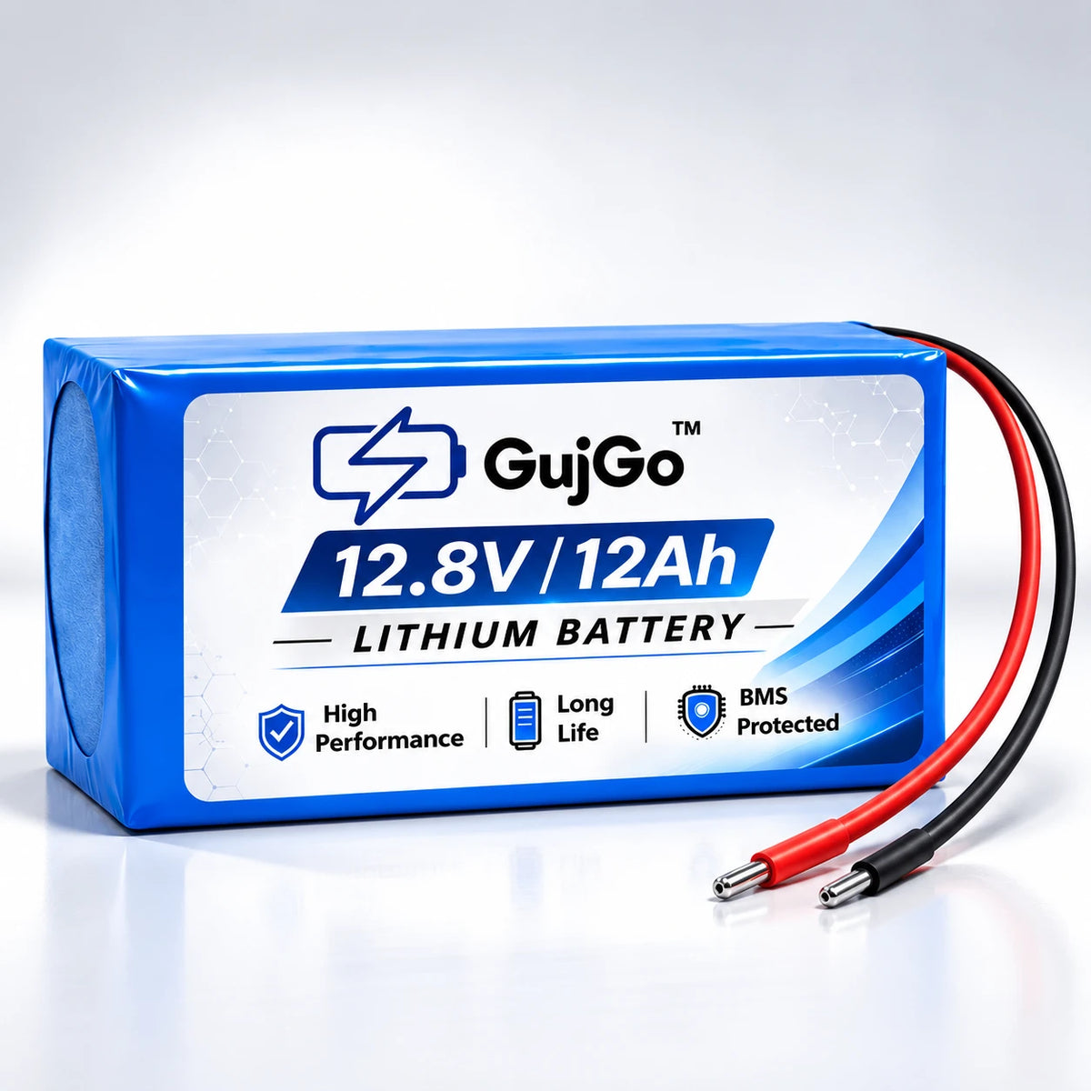 A blue and white GujGo 12.8V/12Ah lithium battery with attached red and black cable leads, shown on a clean white background.