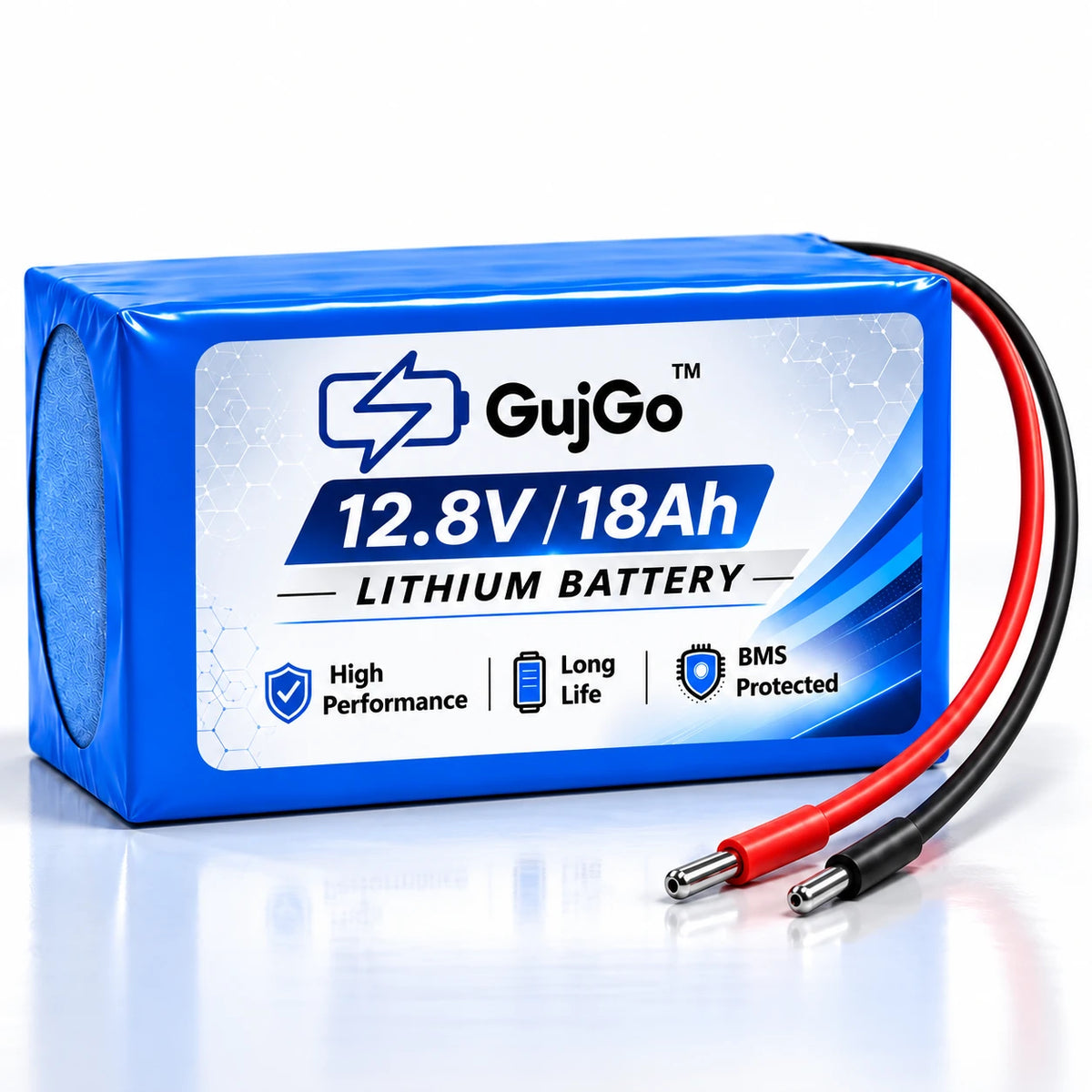 A blue and white GujGo 12.8V/18Ah lithium battery with attached red and black cables, shown on a clean white background with a subtle reflection.