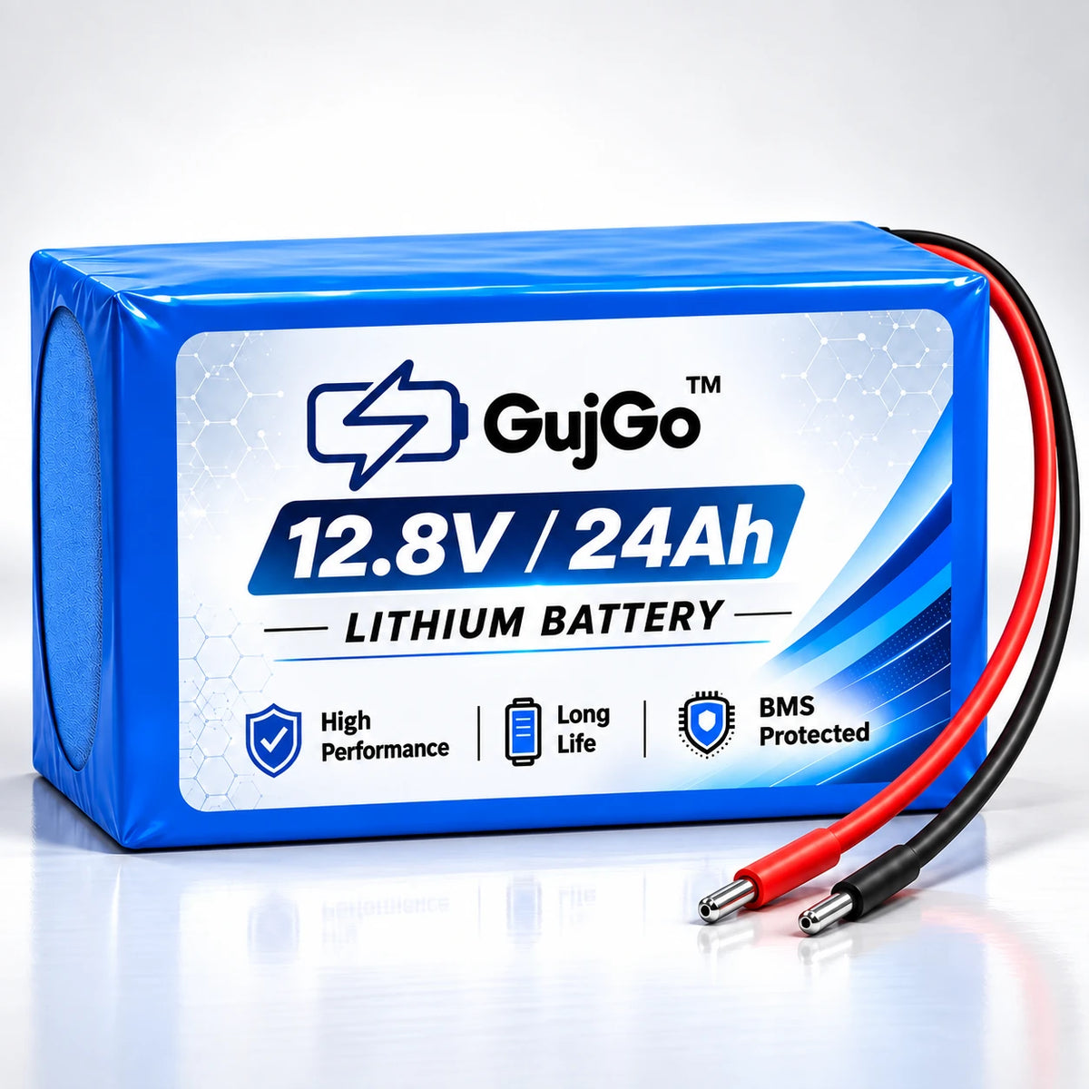 A blue 12.8V 24Ah lithium battery by GujGo, shown at a three-quarter angle on a reflective white surface.