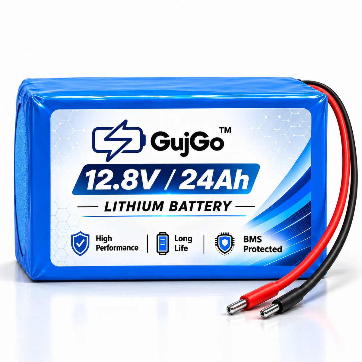 A blue rectangular lithium battery pack with a white and blue label reading 'GujGo 12.8V / 24Ah LITHIUM BATTERY' and two red-and-black cable leads, shown on a clean white background.