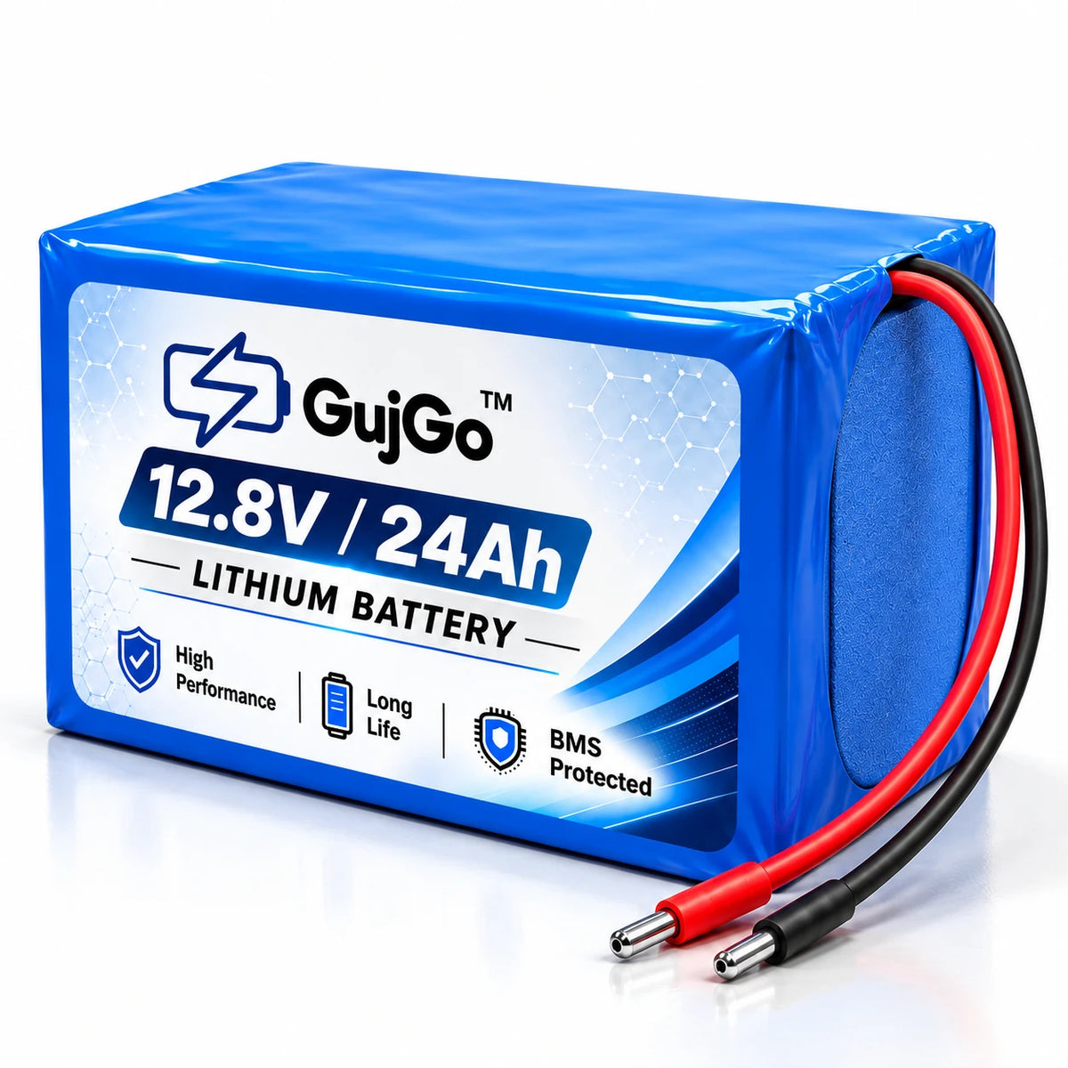 A blue 12.8V 24Ah lithium battery by GujGo, featuring a printed white and blue label on the front and red/black cable leads extending from the side, shown on a clean white background.