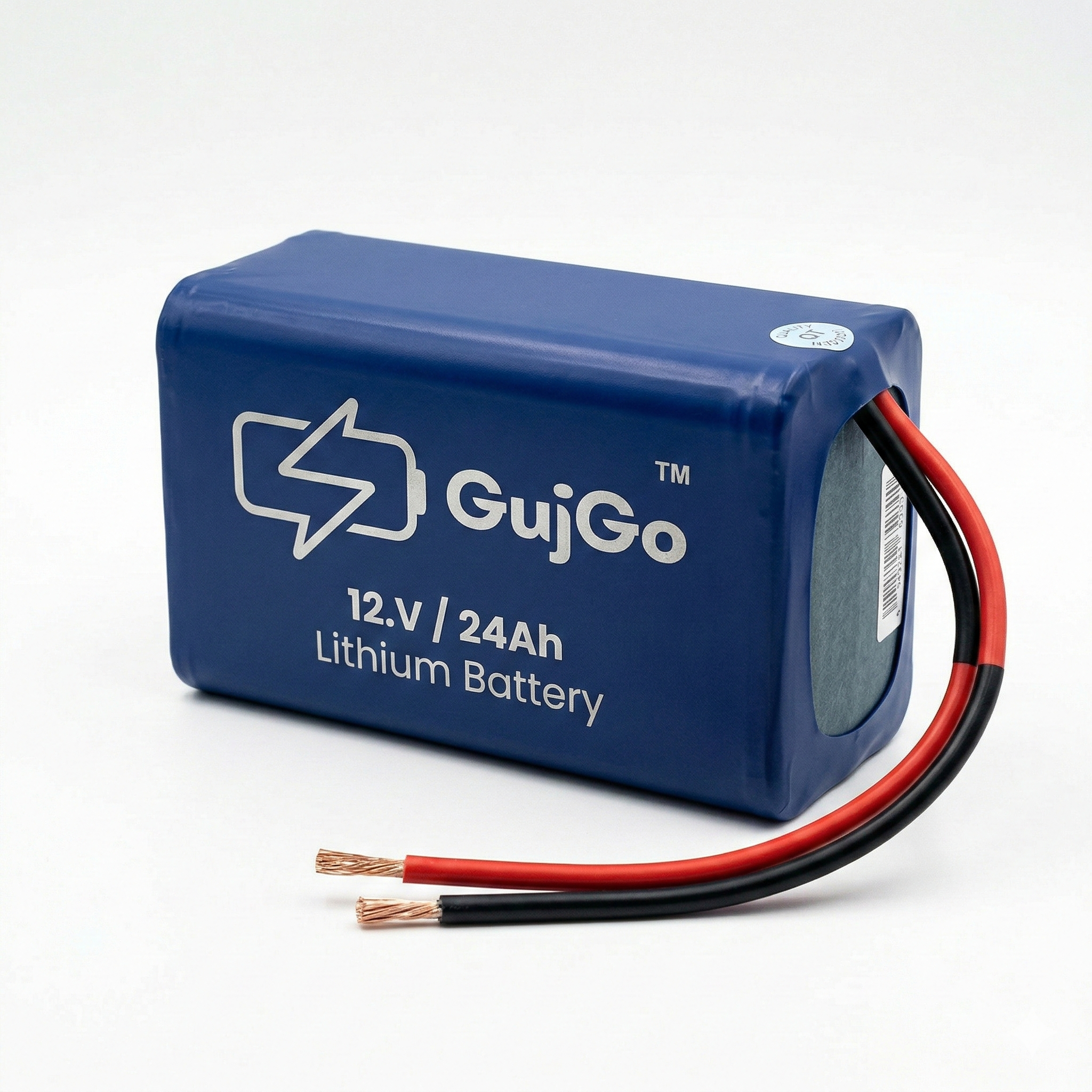GujGo 12V 24Ah lithium battery pack with red and black connection wires on a white background.