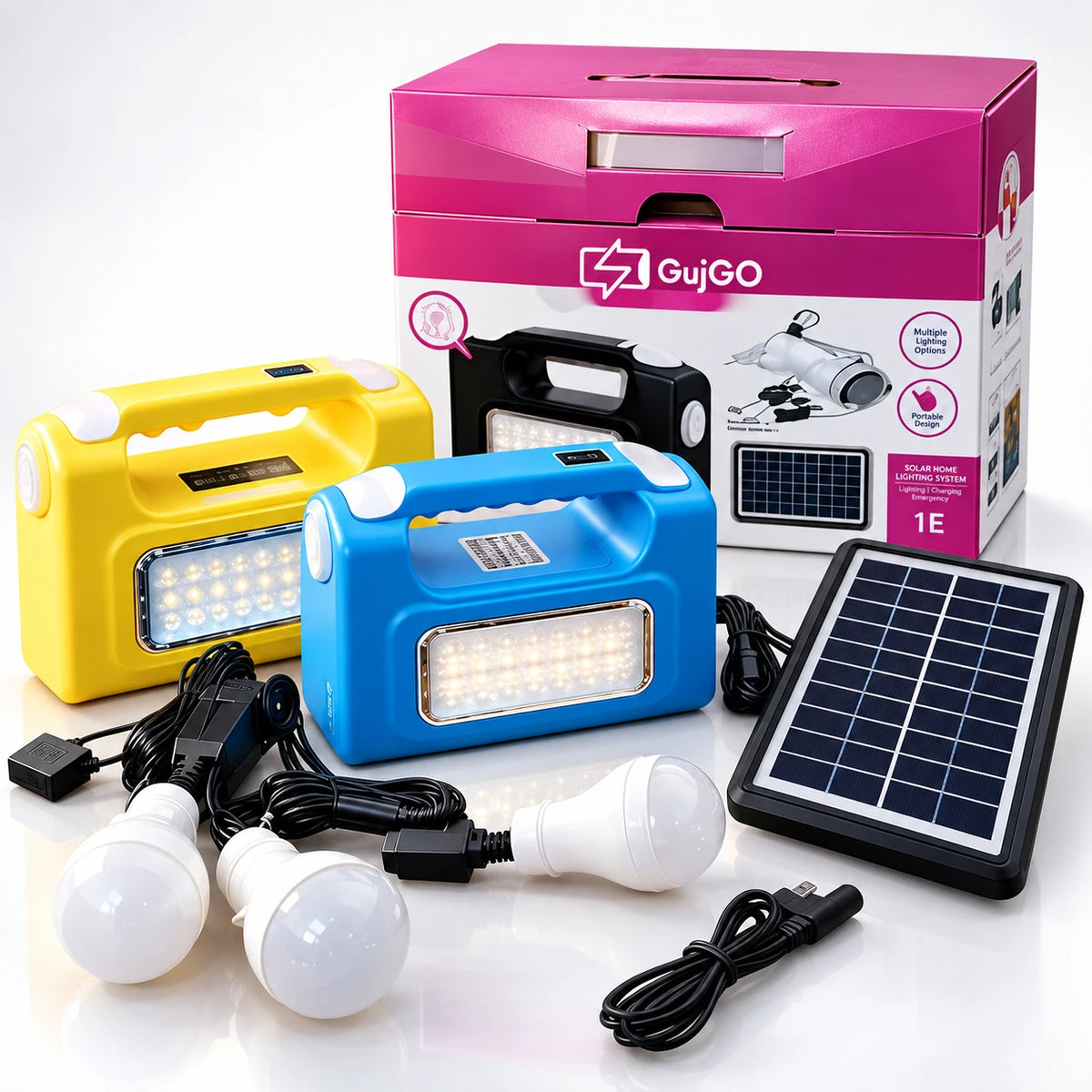 A portable LED lantern light set with three color variants (yellow, blue, and black) shown alongside a black solar panel, three white LED bulbs, and their pink and white retail packaging box by GujGO.