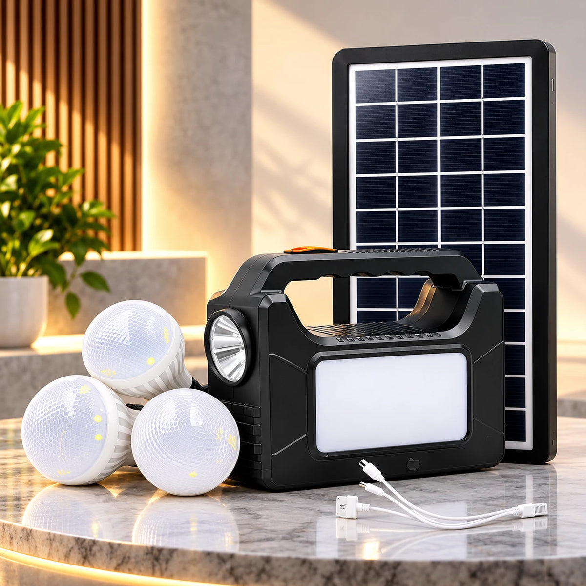 Black portable solar lantern and charger set with a rectangular solar panel, flashlight, three white LED bulbs, and a USB cable, displayed on a marble tabletop in a modern indoor setting.