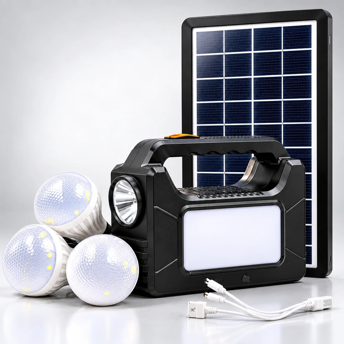Portable emergency power station with a built-in solar panel, three white LED bulbs, and a white charging cable on a light gray studio background.