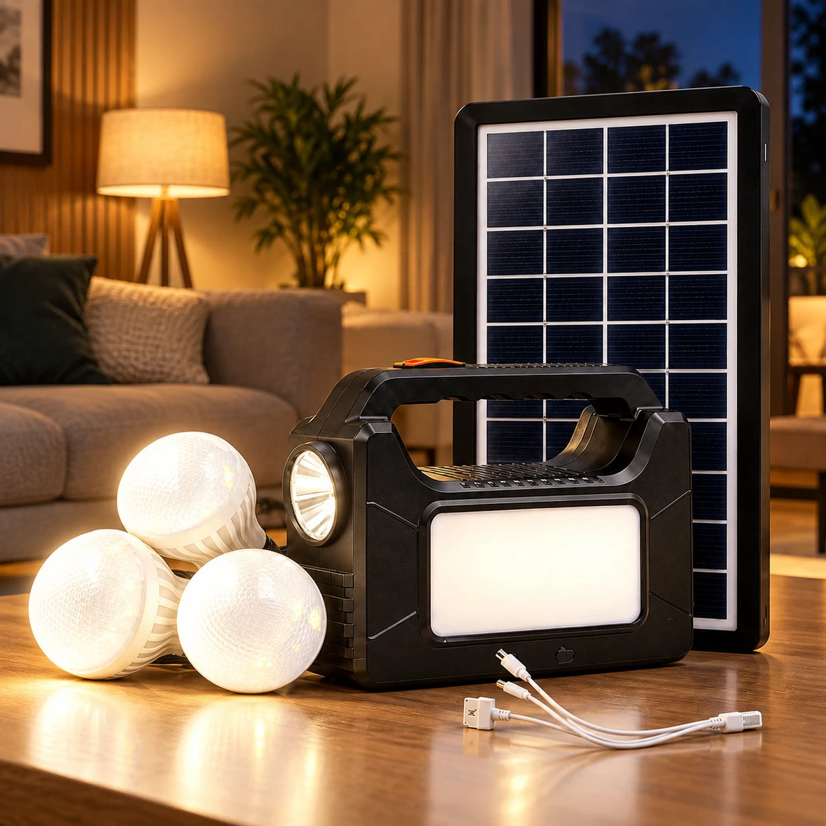 A portable solar lantern and charger set displayed on a wooden table in a cozy living room setting. The set includes a black solar panel, a black portable lantern with built-in handle and front light, three white LED bulbs, and a white charging cable.