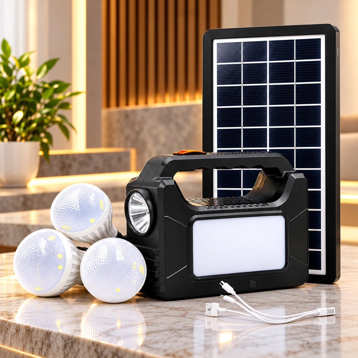 Black portable solar lantern and charger set with a rectangular solar panel, handle lantern, three white LED bulbs, and a white charging cable, displayed on a marble countertop in a modern indoor setting.