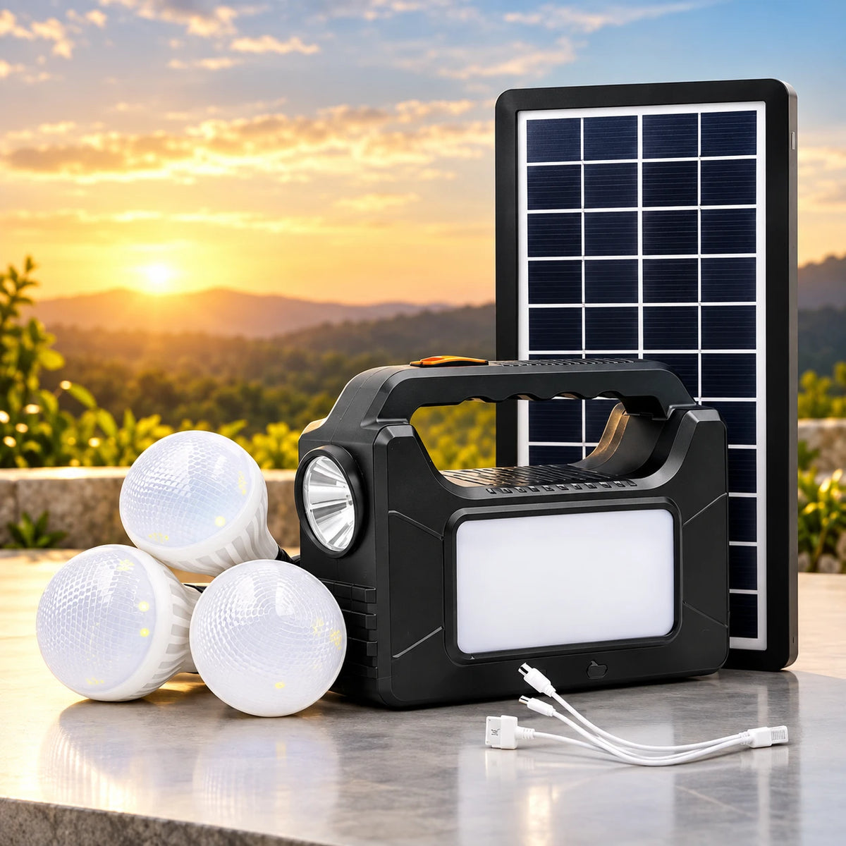 Portable solar lantern set with a black handle lantern, a rectangular solar panel, three white LED bulbs, and a white charging cable, displayed on a stone surface with a sunset mountain background.