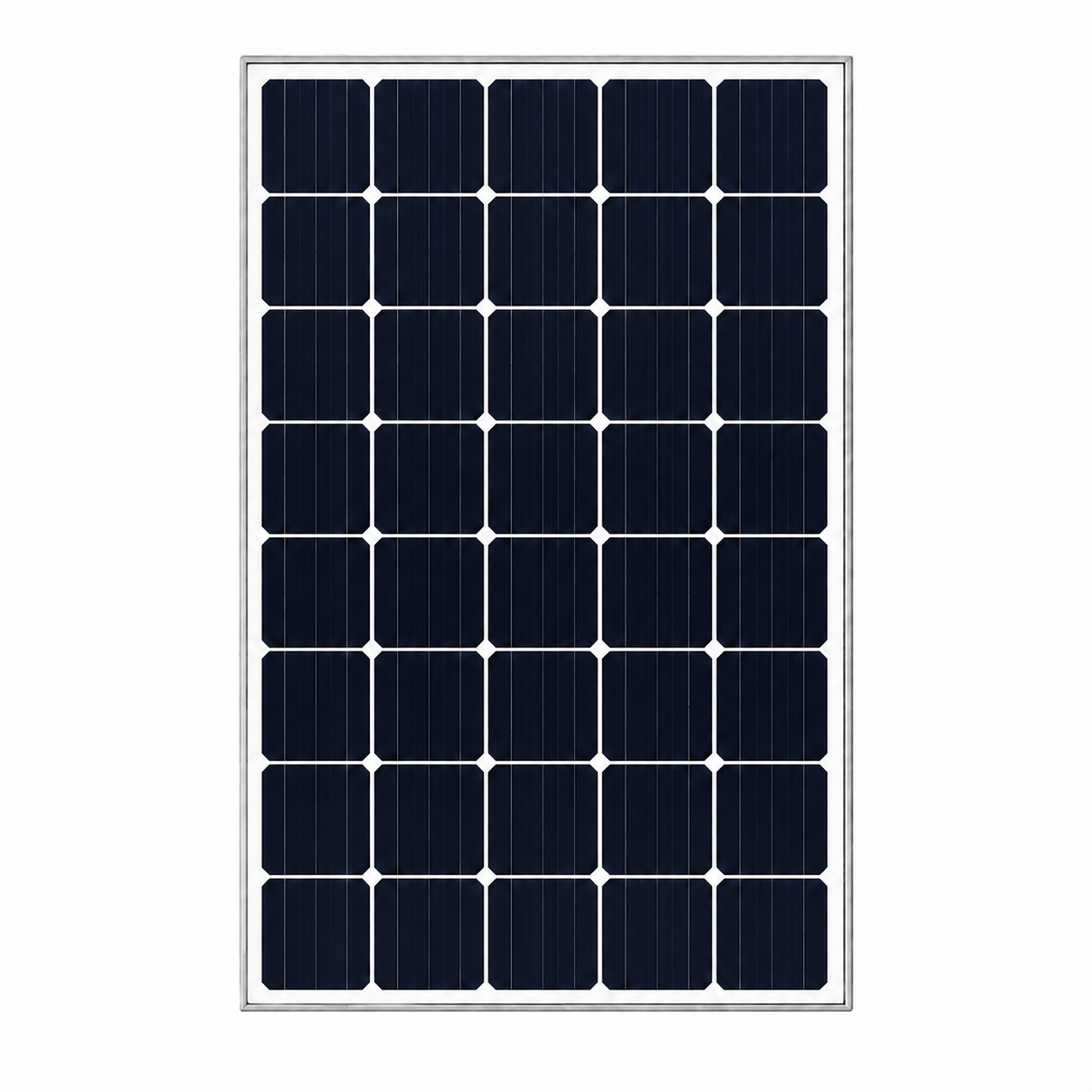 A rectangular solar panel with a silver border and 49 dark blue photovoltaic cells arranged in a grid, shown against a plain white background.
