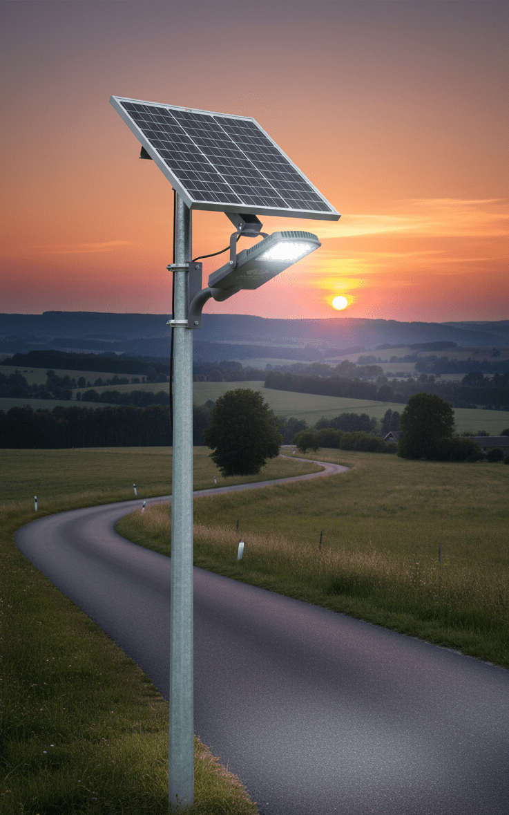 Solar street light on a rural road with a sunset in the background