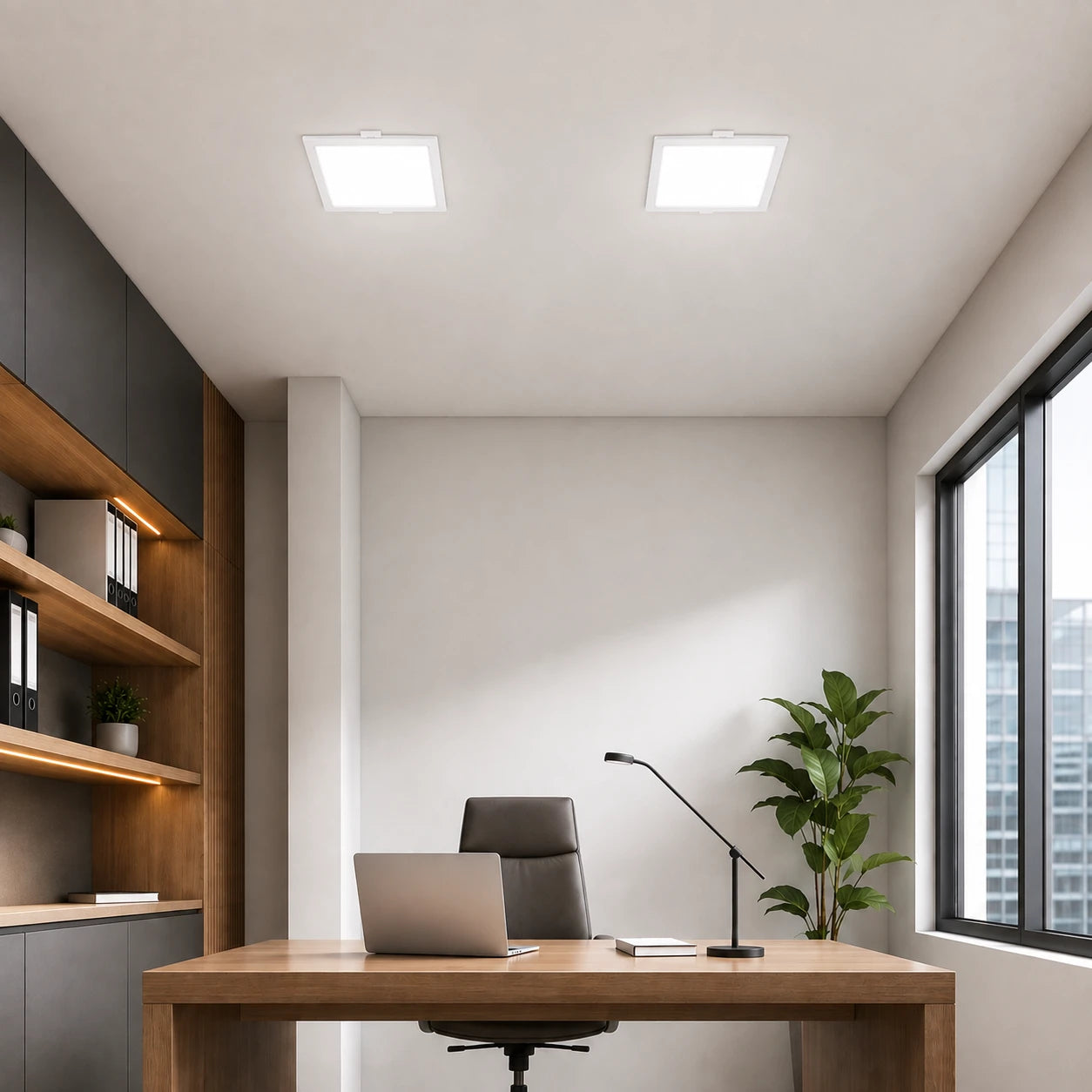 Modern office interior with two square ceiling light fixtures, a wooden desk, black office chair, laptop, desk lamp, shelving, and a potted plant near a large window.