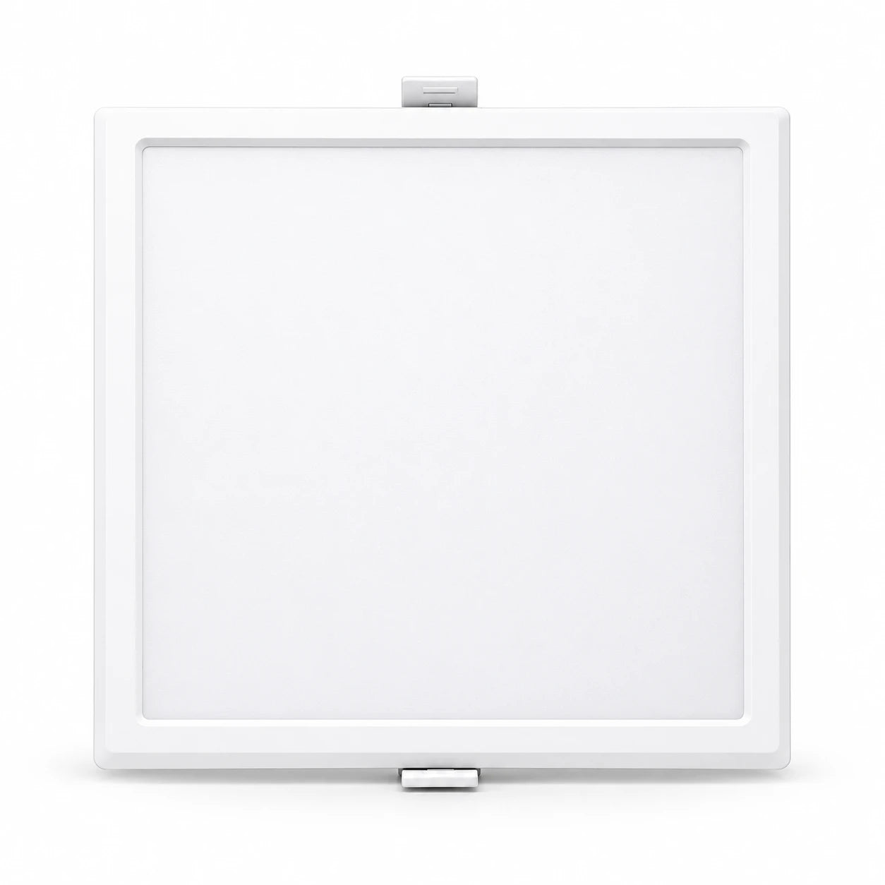 A square white LED panel light with a slim white frame and small silver metal mounting clips at the top and bottom, shown on a clean white background.