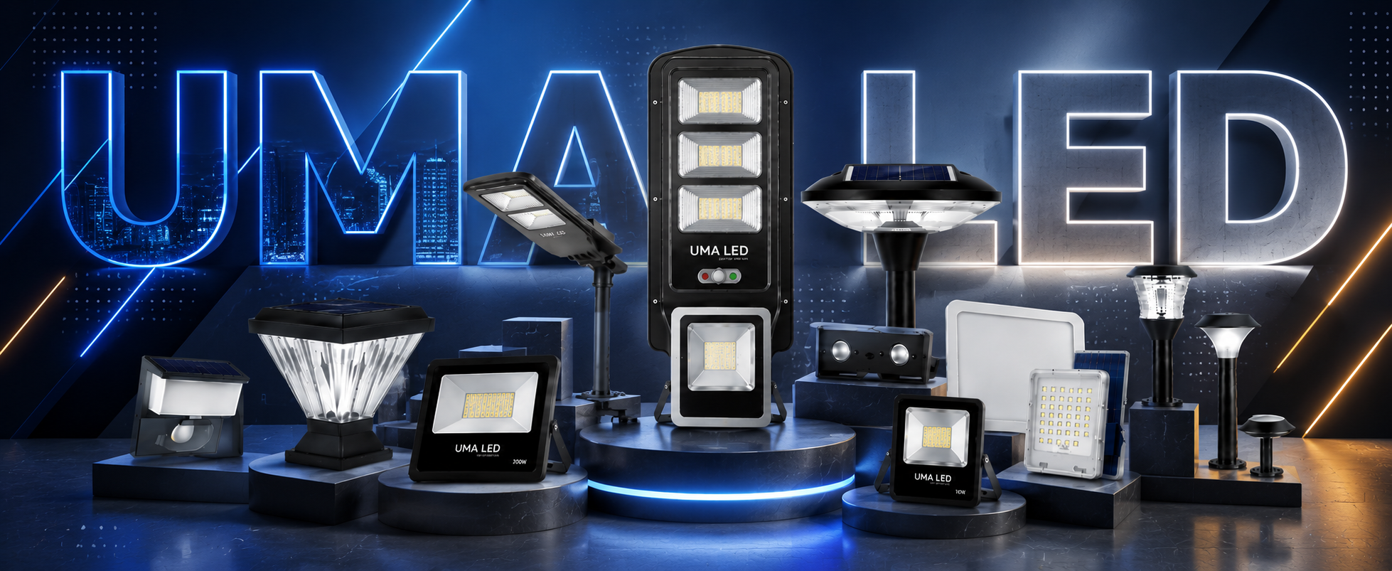 A collection of UMALED smart LED light products displayed on a dark, illuminated stage with a large 'UMALED' logo in the background. The products include various outdoor and landscape lighting fixtures, smart street lamps, and solar-powered lights in black and silver.