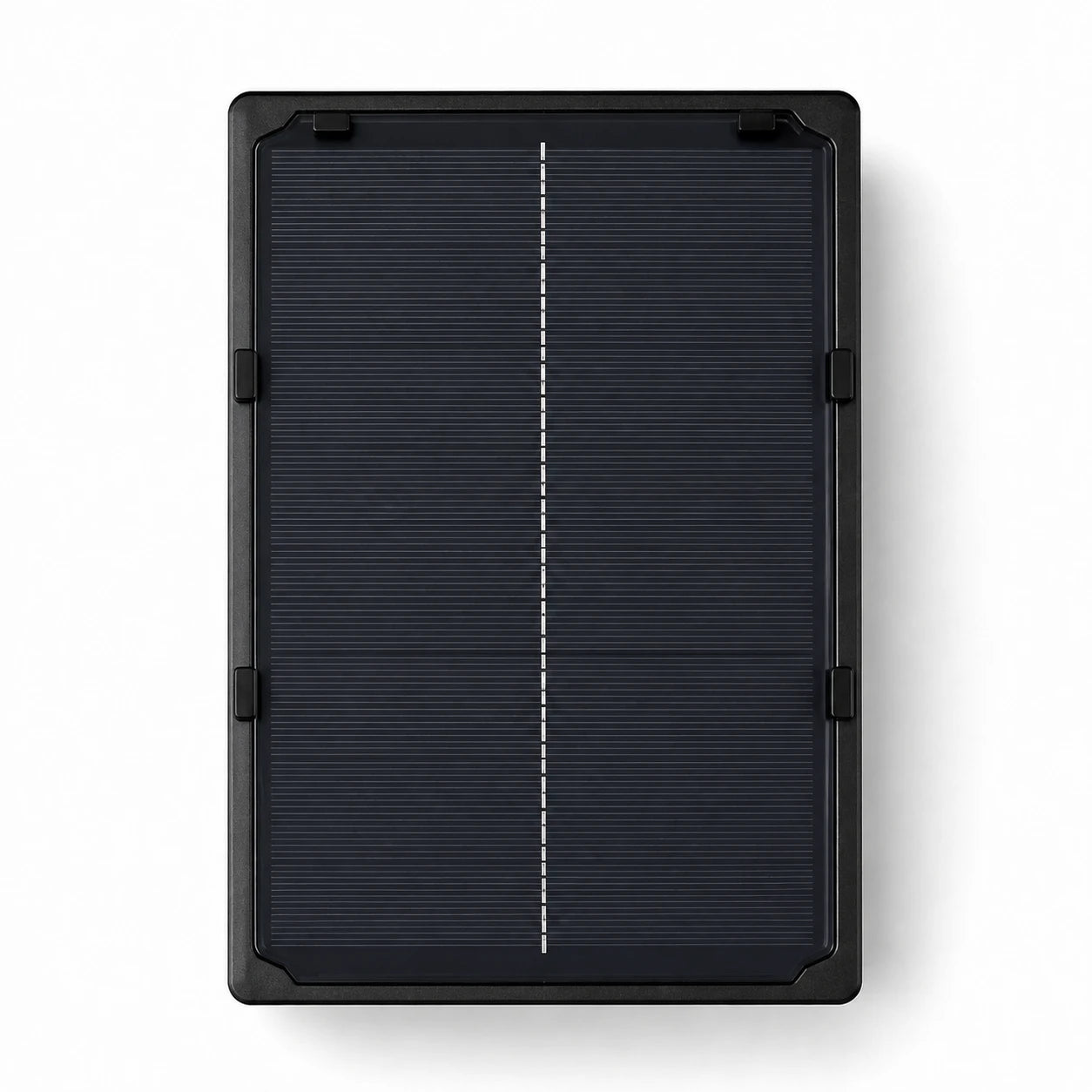 A rectangular solar panel with a black frame and dark blue photovoltaic surface, shown from a top-down view on a white background.
