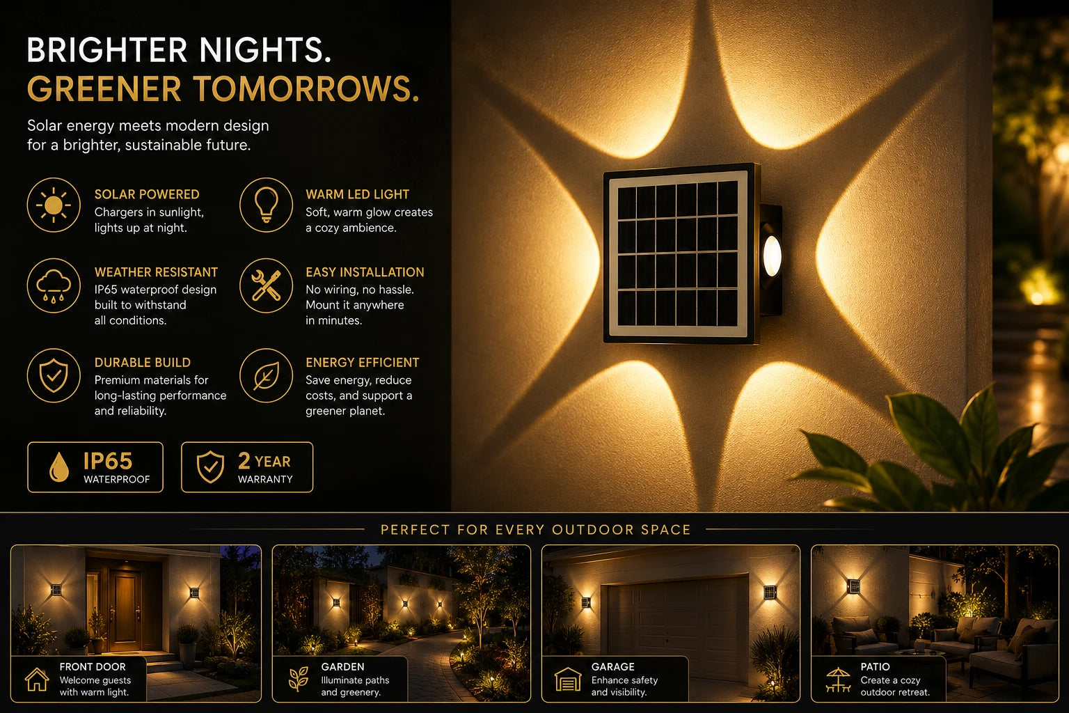 A wall-mounted solar outdoor light fixture shown illuminated in a warm yellow glow, with marketing text on the left and smaller installation examples along the bottom. The product itself is a square solar panel with a small integrated LED light and mounting hardware.