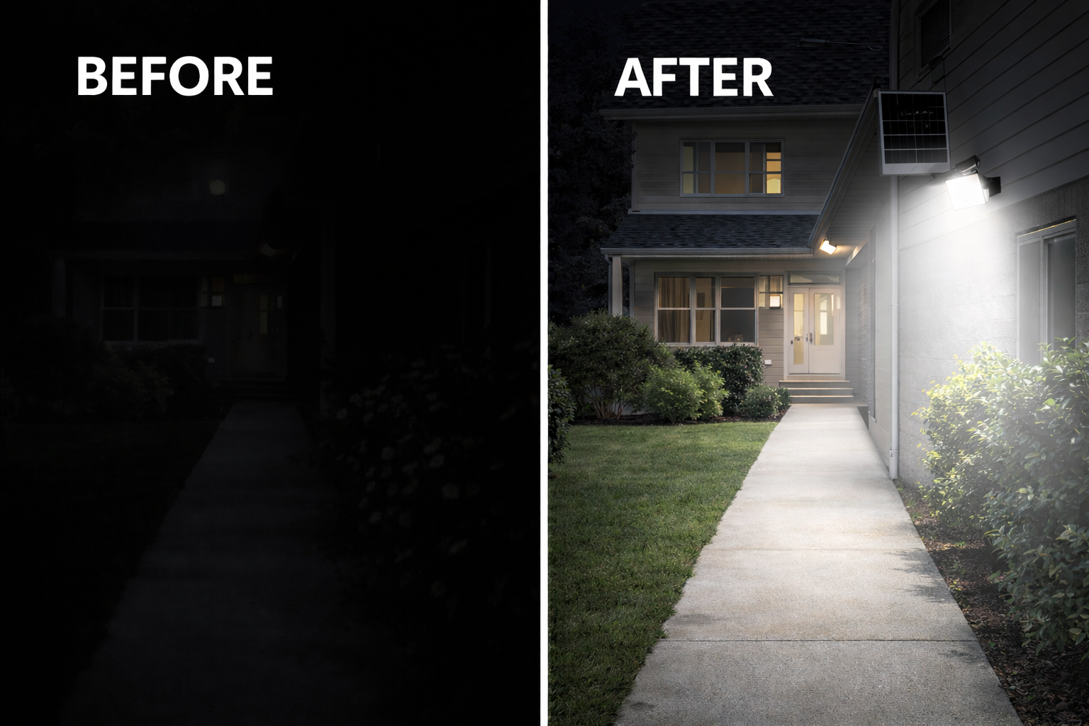before and after comparison of solar flood light showing dark area versus bright illuminated outdoor space for home security lighting