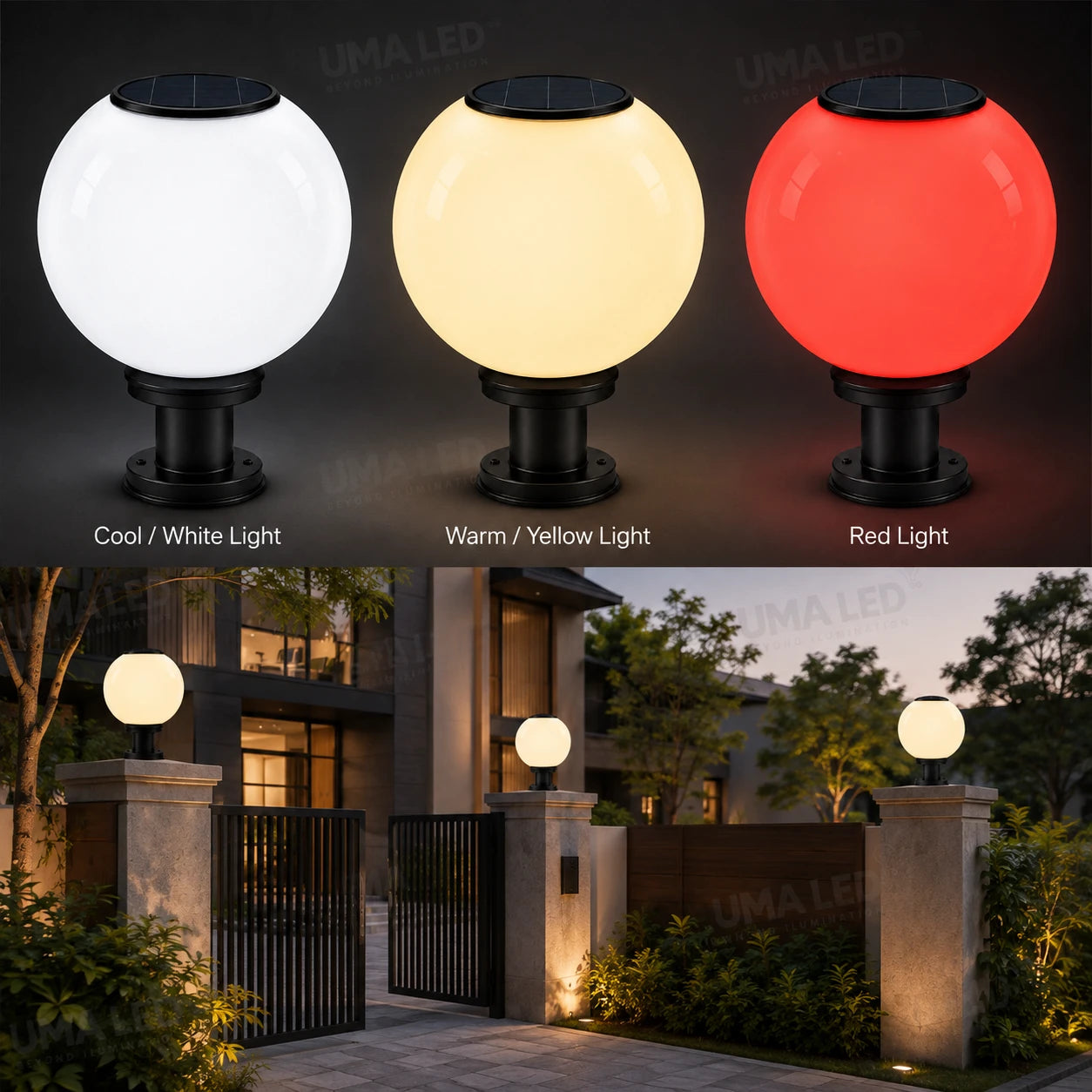 Three outdoor globe post lights shown in white, warm yellow, and red modes on a dark background, with a lower lifestyle scene of the lights installed on a house gate at dusk.