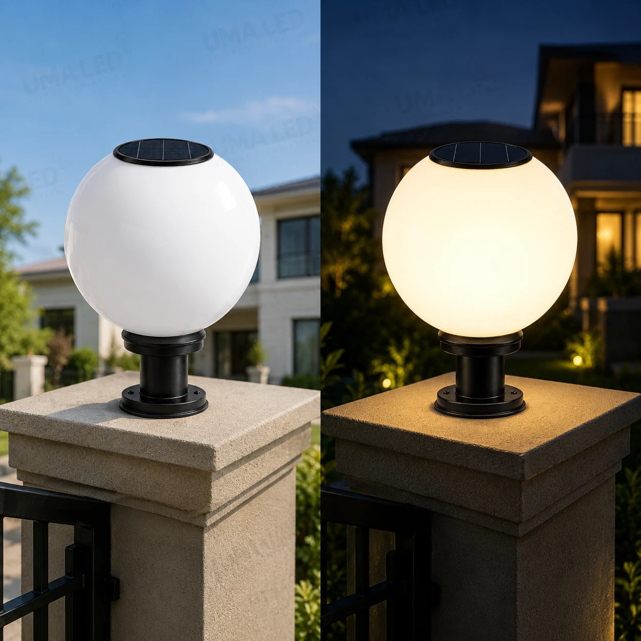 A split comparison of a solar outdoor globe post light in two states: daytime with a white frosted globe and a black solar panel on top, and nighttime glowing with a warm yellow light on a stone pillar in front of a house.