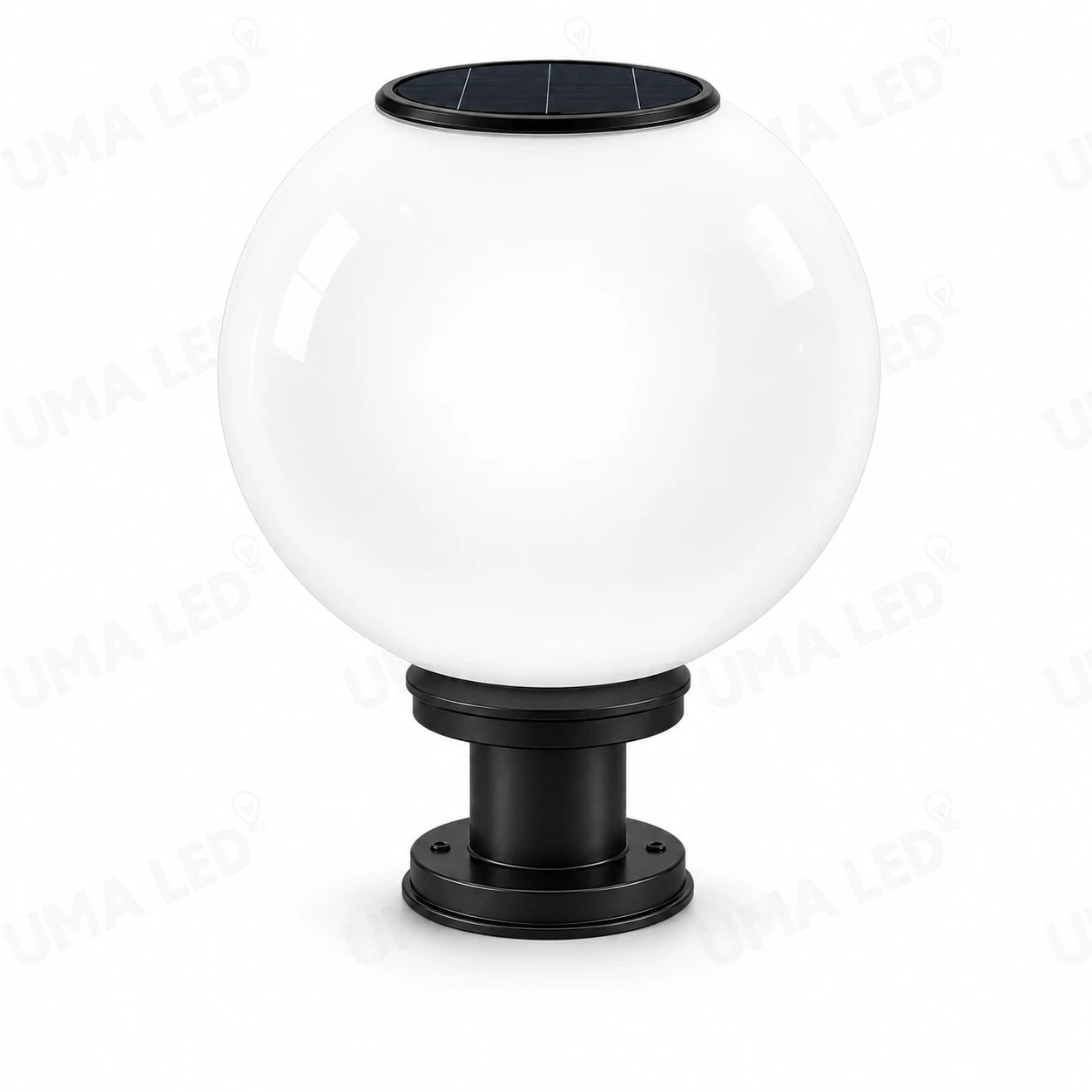 Solar-powered outdoor globe light with a large white frosted glass globe and a black metal base and solar panel on top, shown on a white background.